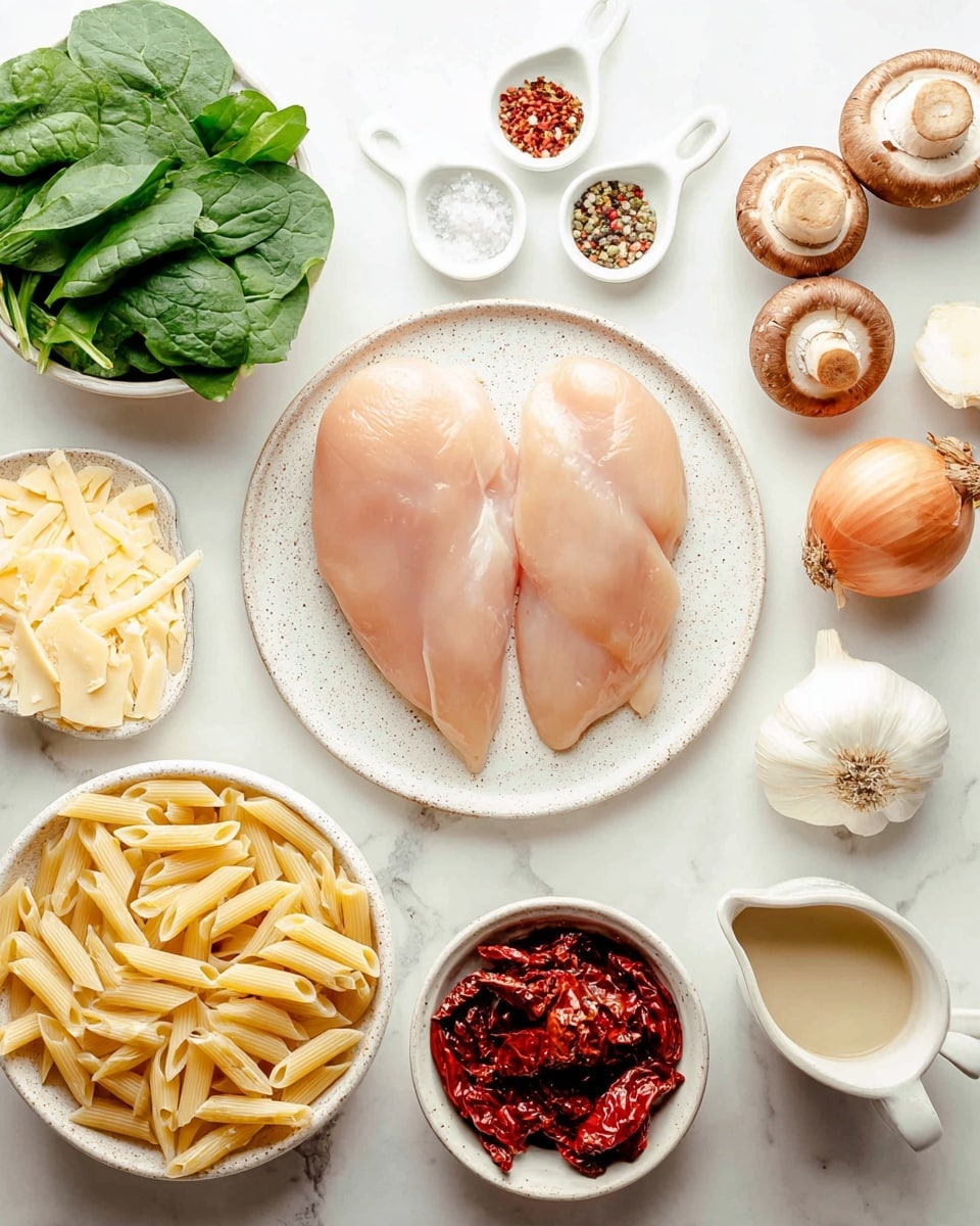 Two raw chicken pieces with a smooth, light pink color sit side by side on a white speckled plate at the center. Around the plate on a white marbled surface are fresh green spinach leaves on the top left, four brown mushrooms and half a white onion on the top right, a small bowl of whole white garlic cloves below the onion, and a bowl filled with deep red sun-dried tomatoes below the garlic. On the bottom left is a white plate full of pale yellow pasta, a small white plate with shredded cheese and a wedge of cheese, a cup with light creamy sauce, and a white speckled jug with light brown liquid. Three small white spoons at the top hold white salt, red chili flakes, and black pepper. Photo taken with an iphone --ar 4:5 --v 7