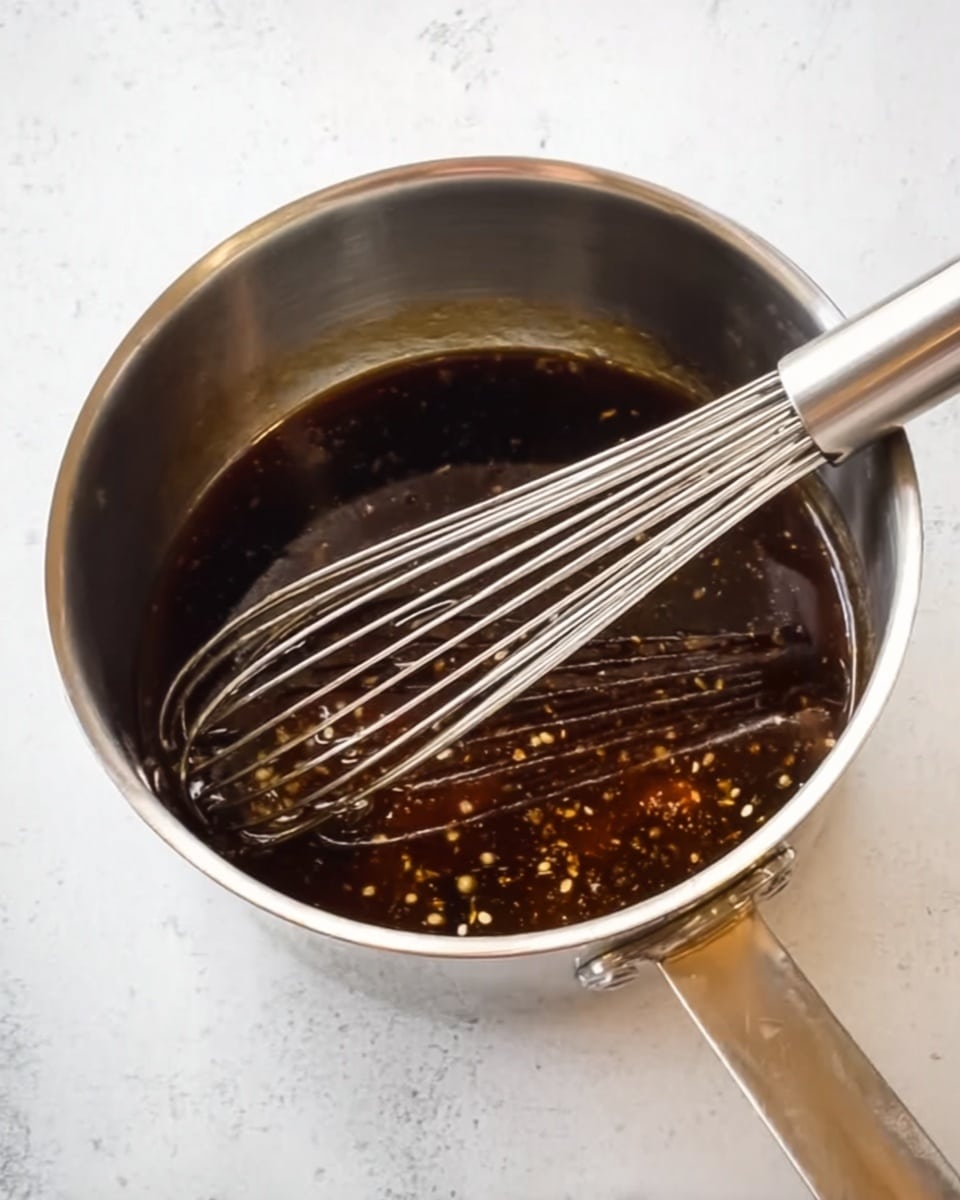 A shiny stainless steel pot filled with a dark brown sauce that has small white and yellow bits floating in it. A shiny metal whisk is inside the pot, with the handle sticking out of the top right side. The pot sits on a white marbled surface. The lighting is bright and natural, highlighting the smooth metal and the sauce inside. photo taken with an iphone --ar 4:5 --v 7