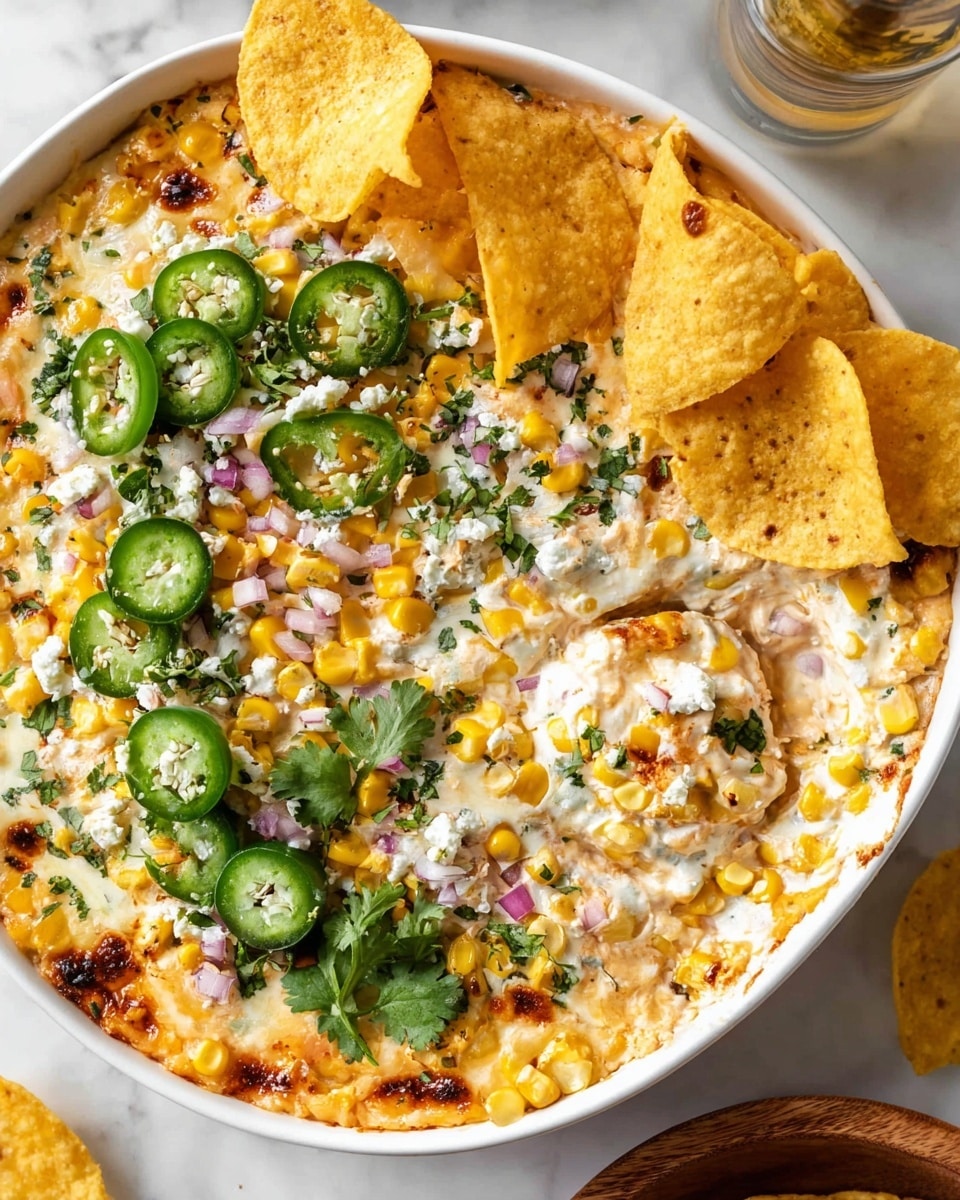 A white round bowl filled with a creamy, slightly browned dip layer at the bottom that has melted cheese texture and some green herbs mixed in. On top of the dip, there are layers of whole yellow corn kernels scattered all around, thin green jalapeno slices placed evenly, small chopped red onion pieces, and white crumbly cheese sprinkled mostly on one side. Fresh bright green cilantro leaves cover part of the top spread out. Around the edge of the bowl, several yellow crispy round tortilla chips are dipped into the creamy mixture, some holding a scoop of the dip with corn and herbs on them. The bowl sits on a white marbled surface with a small bottle and wooden bowl nearby. Photo taken with an iphone --ar 4:5 --v 7