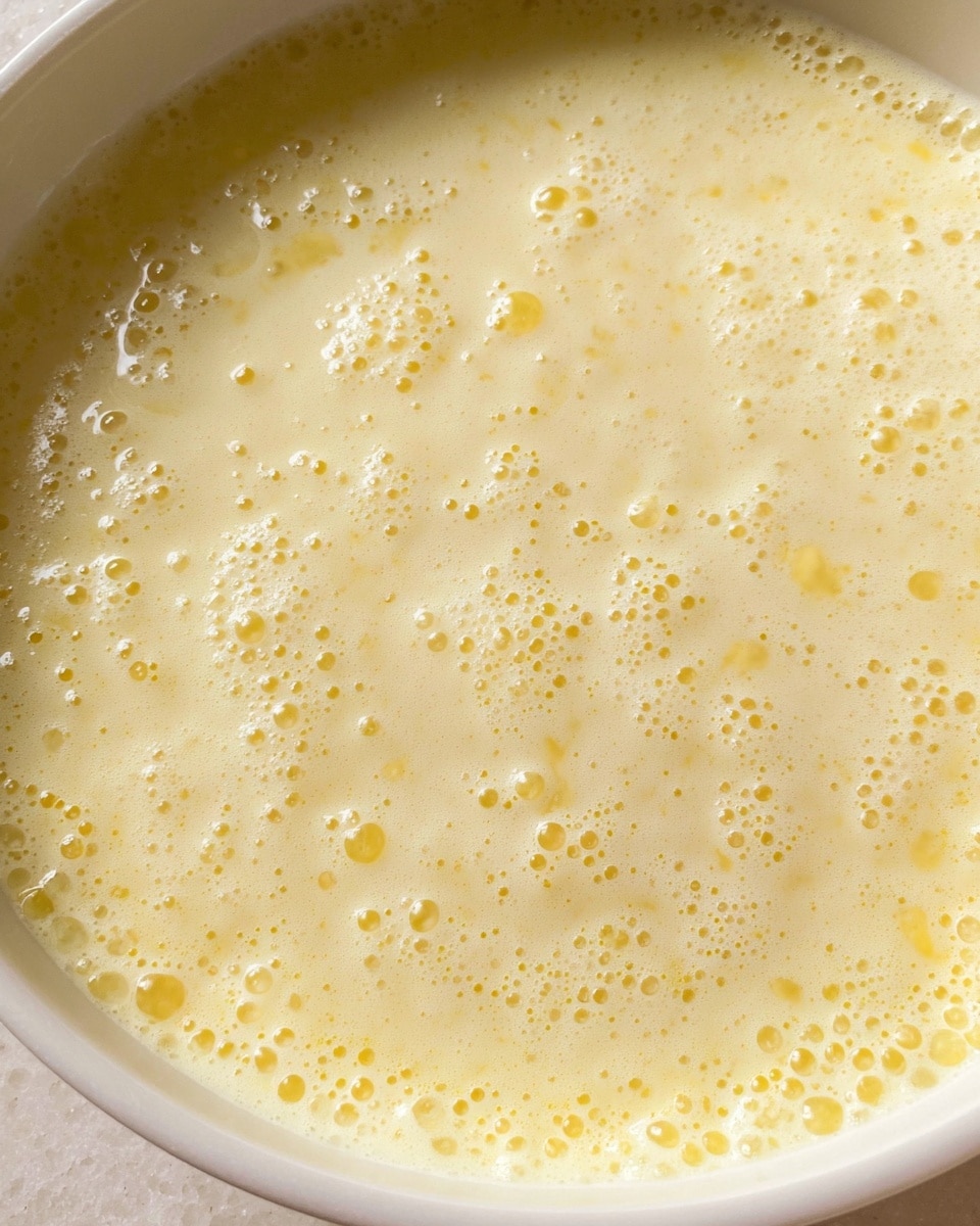 A close-up of a white bowl filled with pale yellow batter that has a smooth and slightly bubbly texture, with small air bubbles spread across the surface and faint streaks of a deeper yellow throughout, placed on a white marbled surface photo taken with an iphone --ar 4:5 --v 7