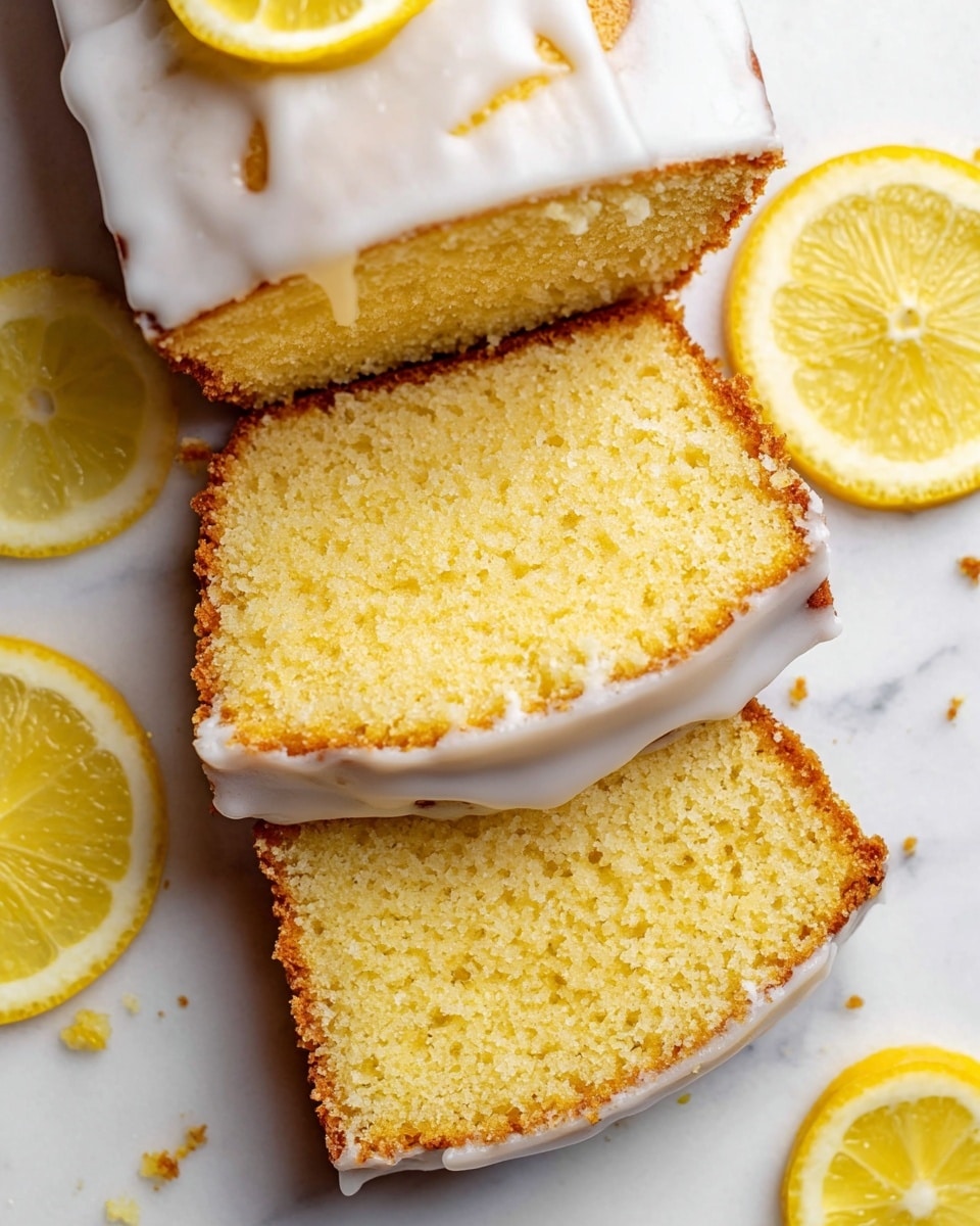 The image shows three slices of lemon cake arranged side by side on a white marbled surface. The cake has a golden-yellow interior with a soft, crumbly texture and a slightly darker, browned crust. Each slice is topped with a thin layer of white icing that drips slightly down the sides. Bright yellow lemon slices are placed around the cake, adding a fresh and colorful touch to the composition. The overall look is bright and fresh, with the contrast between the lemon yellow, white icing, and white marbled background. Photo taken with an iphone --ar 4:5 --v 7