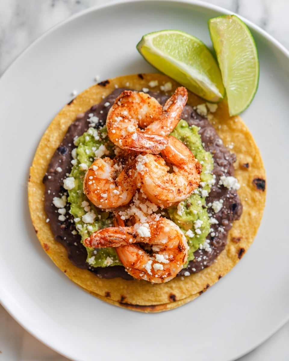 A white plate on a white marbled surface holds a single yellow corn tortilla with light char marks. On top, there is a layer of dark brown refried beans spread in a circle, followed by a layer of mashed green avocado, chunky in texture. On the avocado, five pink-orange cooked shrimp with slight seasoning are arranged in a small cluster, sprinkled with crumbled white cheese. On the edge of the plate, there are two lime wedges with bright green skin and pale green flesh. Photo taken with an iphone --ar 4:5 --v 7