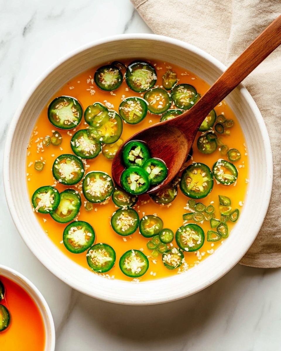 A white bowl with orange liquid fills the base layer and is topped with many green jalapeño slices floating on the surface, some showing white seeds inside. A wooden spoon inside the bowl holds three jalapeño slices, resting near the bottom right side. The bowl sits on a white marbled surface with part of a beige cloth visible in the top right corner. Part of another white bowl with orange liquid is seen at the left edge. Photo taken with an iphone --ar 4:5 --v 7