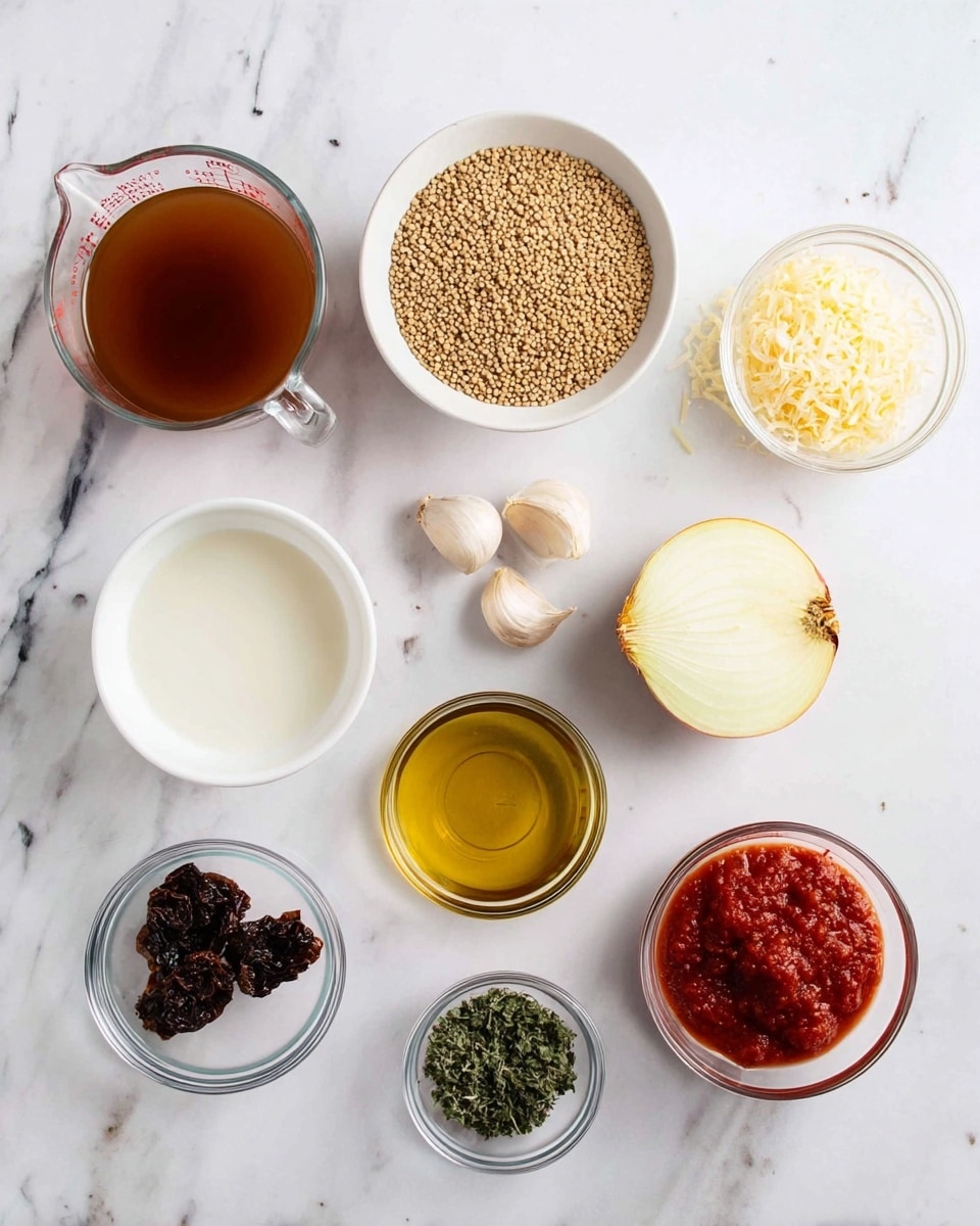 This image shows eleven small bowls and ingredients arranged on a white marbled surface. In the top left is a clear measuring cup filled with brown liquid. Next to it on the right is a small white bowl with dry light brown lentils. To the right is a small clear bowl filled with grated pale yellow cheese. On the bottom left, a small white bowl holds a white liquid. Next to it to the right is a half of a light yellow onion with its skin on. To its right is a small clear bowl of amber colored oil with herbs. Next to it is a small clear bowl with dark brown sun-dried tomatoes. Below on the left are three garlic cloves with their skins. To the right is a small clear bowl containing white salt, brown pepper, and green dried herbs. Next to it is a clear bowl with red tomato paste, and to the far right is a clear bowl filled with chopped dark green leaves. Photo taken with an iphone --ar 4:5 --v 7