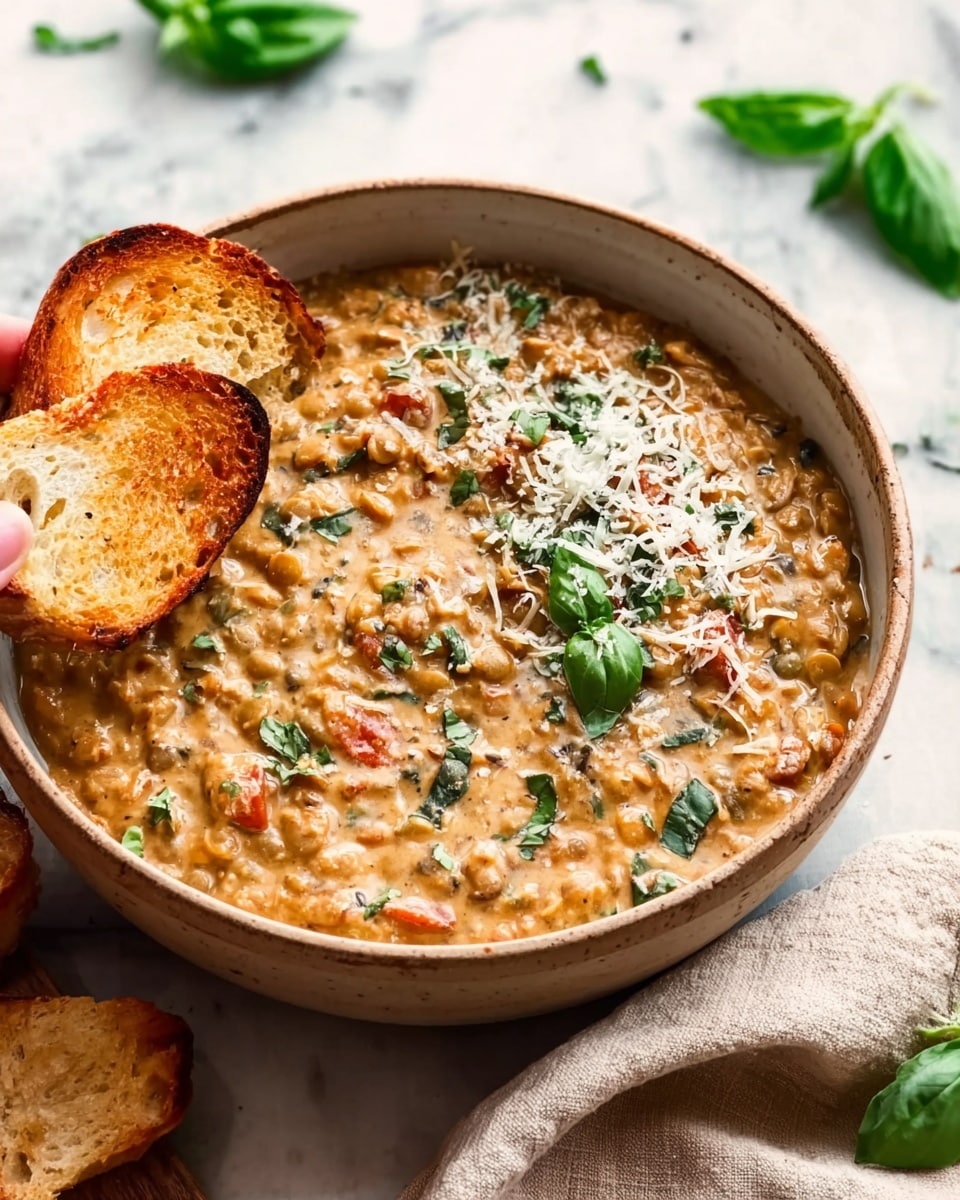 A round bowl filled with a creamy, thick lentil stew that has a light brown color with visible pieces of red tomato and green herbs mixed throughout. On the right side of the bowl, there is a light sprinkle of grated white cheese and small fresh green herb leaves on top. Two toasted slices of golden-brown bread are placed partially inside the stew on the left side, with a woman’s hand holding the edge of the bowl from the left bottom corner. The bowl is set on a white marbled surface with some scattered fresh green leaves around it, and a beige cloth is placed on the right side near the bowl. Photo taken with an iphone --ar 4:5 --v 7