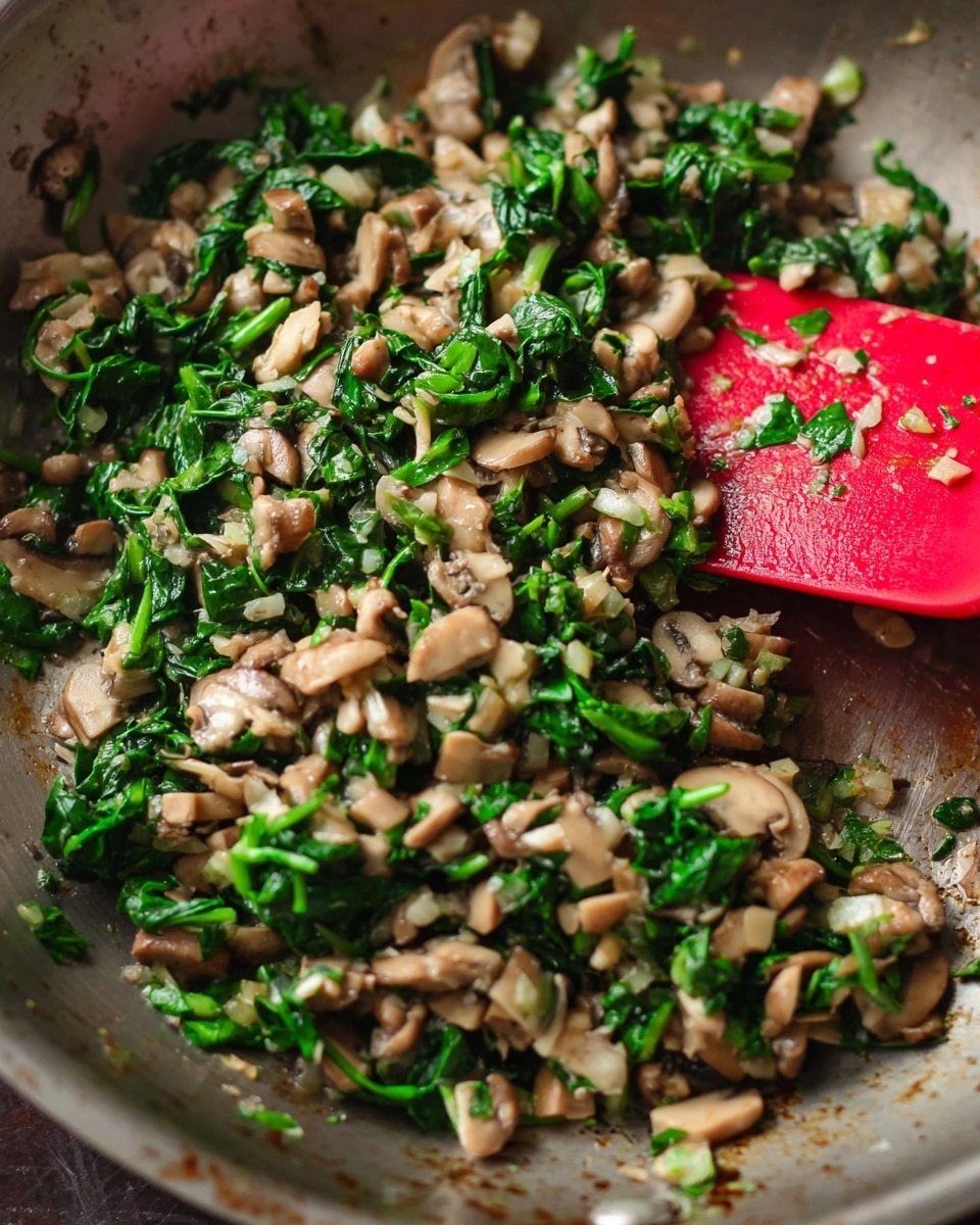 The image shows a close-up of a pan with a mix of finely chopped mushrooms and bright green spinach leaves. The mushrooms are light brown and have a soft texture, mixing well with the fresh, slightly wilted spinach. A red spatula is partially underneath the mixture on the right side, showing a shiny, smooth surface with some small bits of the ingredients stuck to it. The pan has a slightly worn, metallic look around the edges, while the focus stays on the colorful mix of mushrooms and spinach in the center. Photo taken with an iphone --ar 4:5 --v 7