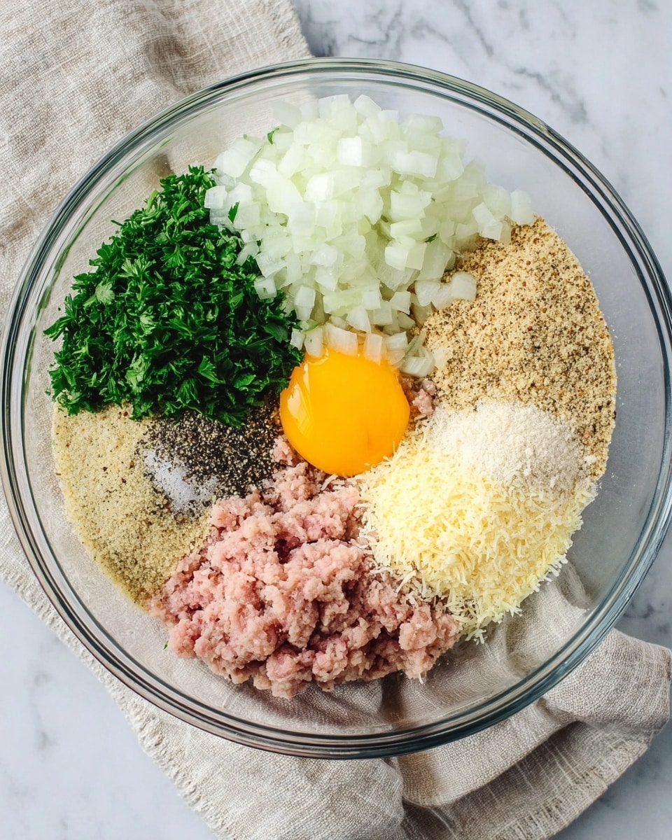 A clear glass bowl contains seven groups of ingredients neatly placed around the bowl in a circle. One layer has finely chopped white onions, next to it is a pile of fresh green chopped parsley. Beside the parsley is a mound of black pepper, followed by a heap of light brown breadcrumbs. Light pink raw ground meat is next, then a pile of yellowish grated cheese, and a small mound of white salt. In the center is a bright yellow raw egg yolk on top of some clear liquid. The bowl sits on a white marbled surface with a beige cloth partially visible underneath, photo taken with an iphone --ar 4:5 --v 7