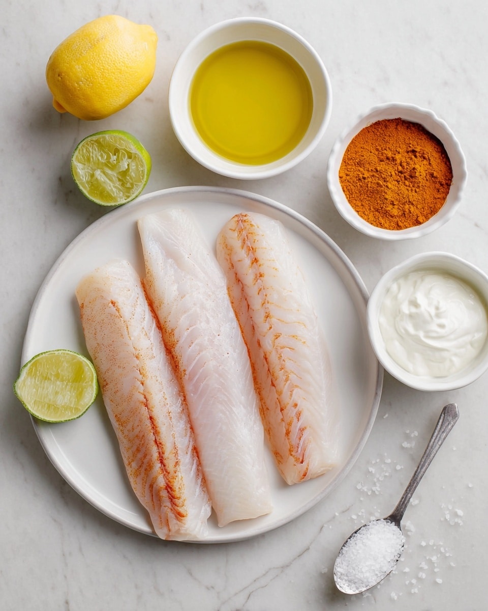 Three raw fish fillets with light pink and white tones and slight brown grill marks lay side by side on a white plate, placed on a white marbled surface. Around the plate, there is a halved lemon showing its bright yellow juicy inside at the top left, a small white bowl filled with golden olive oil below it, a halved lime with fresh green skin and light green inside below the olive oil, a small white bowl containing orange-colored ground spice to the right of the olive oil, a small white bowl filled with white creamy yogurt below the spice, and a silver spoon with white coarse salt on it to the right of the spice bowl. photo taken with an iphone --ar 4:5 --v 7