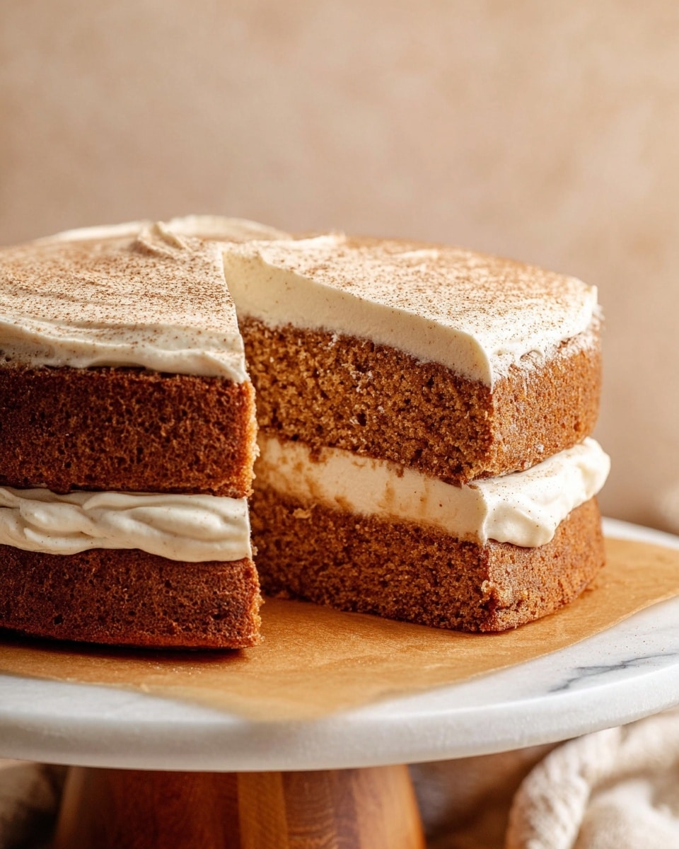 The image shows a two-layer cake with a brown, spongy texture on both layers. Between the layers, there is a thick light cream filling that looks smooth and soft. The top of the cake is covered with a similar creamy white layer that looks thick and fluffy, with a dusting of brown powder on the surface. The cake sits on a wooden stand lined with brown parchment paper, all placed on a white marbled surface. In the background, the color is a soft beige, giving a warm and neutral feeling. photo taken with an iphone --ar 4:5 --v 7