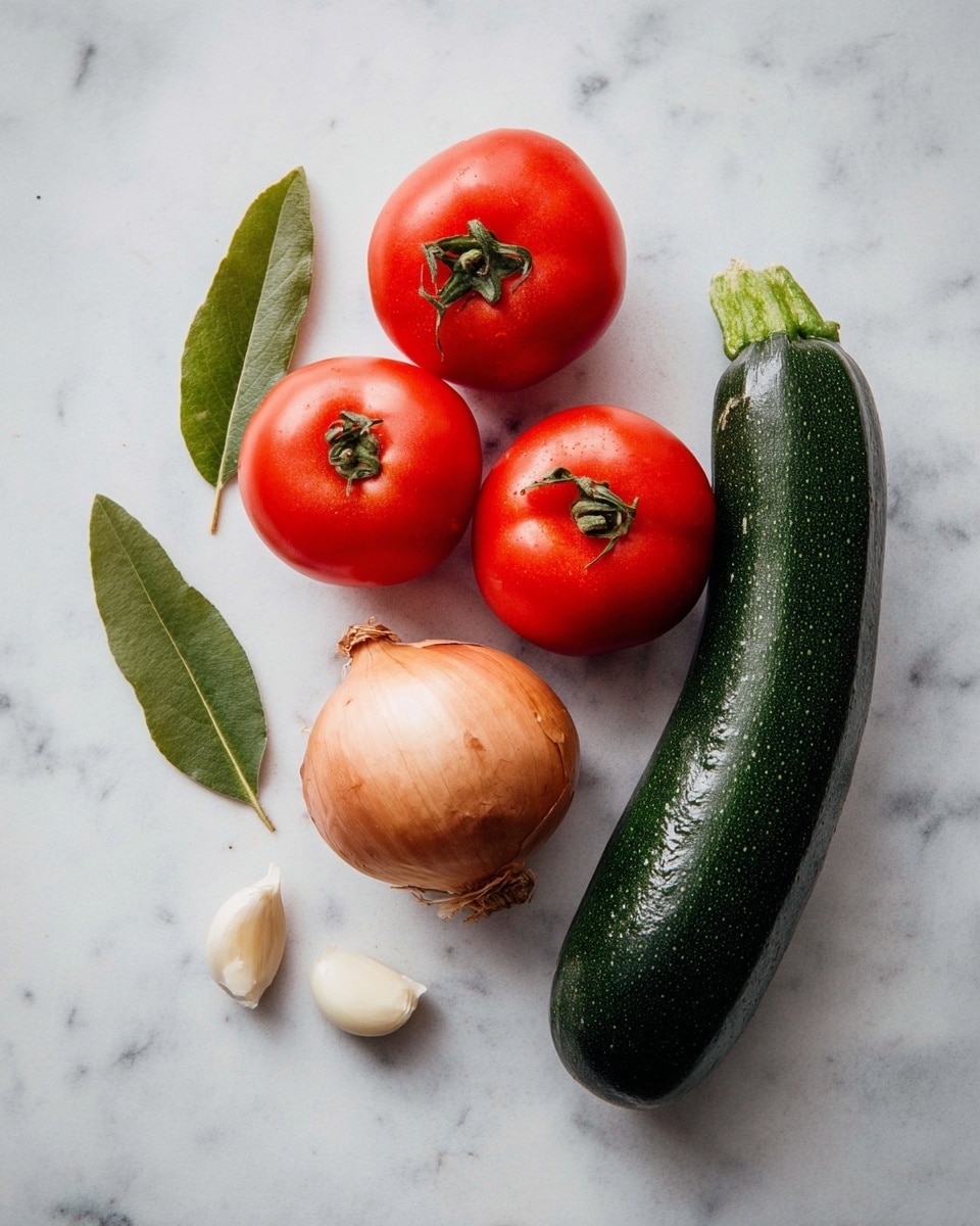 A simple arrangement of fresh vegetables and herbs is shown on a white marbled surface, featuring a dark green zucchini on the right with a shiny texture. To its left, there are three bright red tomatoes, two of which are attached to green stems and placed near the middle, while one tomato lies below them. Below the tomatoes, a whole onion with a dry, light brown outer skin is positioned, showing some natural creases. Above the onion, two small garlic cloves with their pale papery skins are placed side by side. On the top left, two fresh green bay leaves with a slight shine are set at an angle. The whole setup is clean, fresh, and natural, without any plate visible, photo taken with an iphone --ar 4:5 --v 7