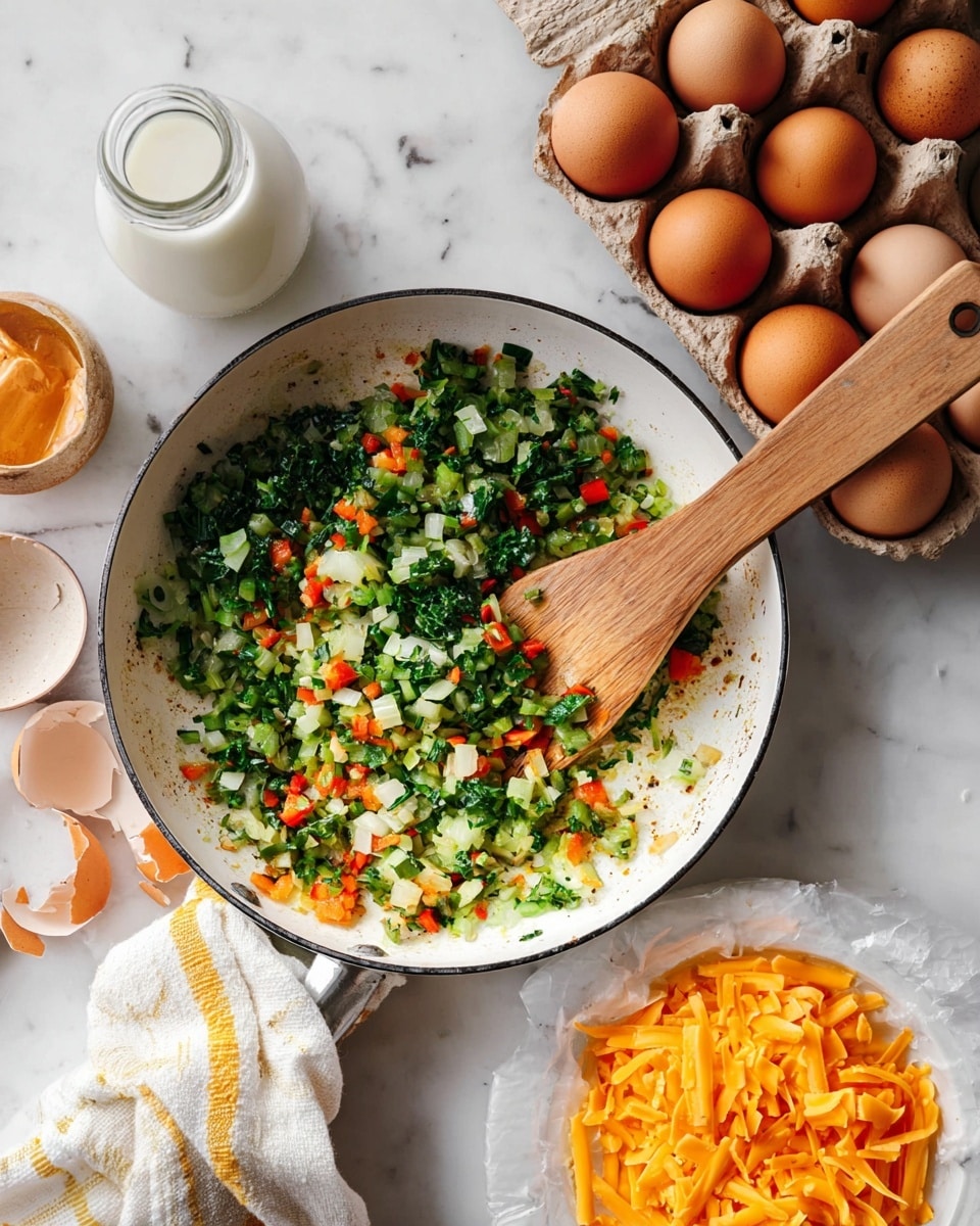 A white pan with light browning on the edge holds a mix of finely chopped cooked vegetables in one layer, showing colors of green, orange, and white with leafy greens and diced peppers and onions. A light wooden spatula rests partly inside the pan, stirring the vegetables. Around the pan on a white marbled surface, there is a brown carton with brown eggs on the top right, a glass bottle of milk on the top left, and part of a white bowl filled with shredded orange cheddar cheese on the right. A yellow and white cloth is partly tucked under the pan's handle at the bottom photo taken with an iphone --ar 4:5 --v 7