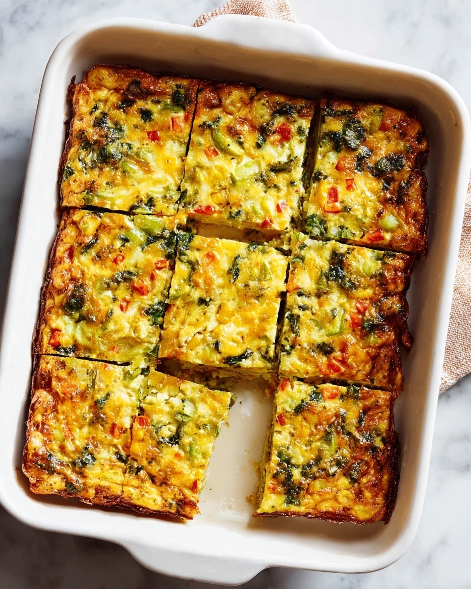 A baked egg dish cut into six square pieces in a white rectangular baking dish, showing a golden-brown top with green leafy vegetables, small diced red and orange vegetables, and melted cheese. The top layer looks slightly crispy in places with a mix of yellow and green colors from eggs and vegetables spread evenly throughout. The edges are browned, and the pieces reveal a soft, mixed texture inside with visible chunks of vegetables. The baking dish rests on a white marbled surface. photo taken with an iphone --ar 4:5 --v 7