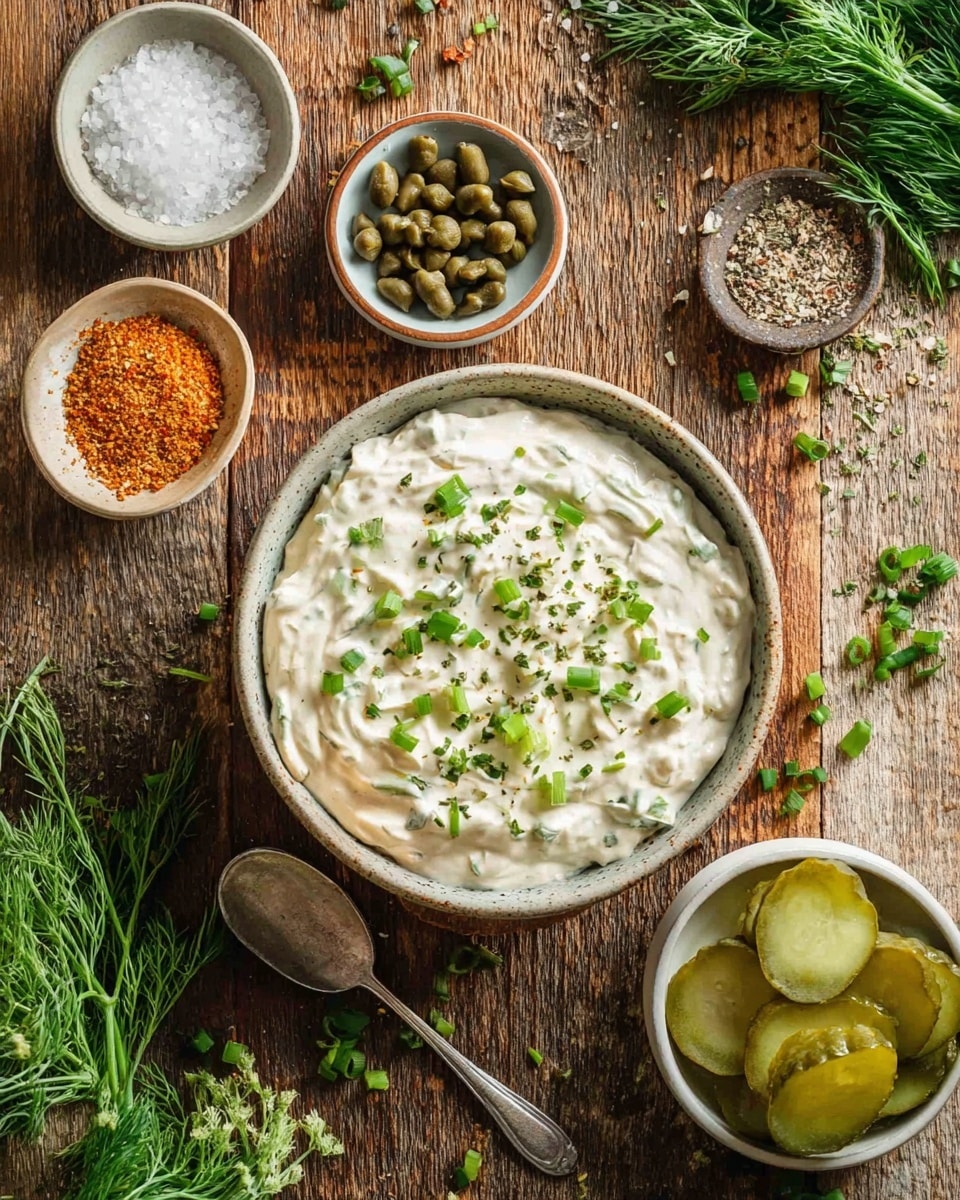 A bowl of creamy white dip with a thick texture fills the center, garnished with small green chopped herbs and green onion pieces scattered on top. Around the bowl, there are small white bowls: one with green capers, one with coarse white salt, one with orange-brown seasoning, and one with round light green pickle slices arranged in layers. The bowls and items rest on a rustic wooden surface with fresh green dill and chopped green onions spread around. A silver spoon filled with seasoning lies near the bowls. photo taken with an iphone --ar 4:5 --v 7