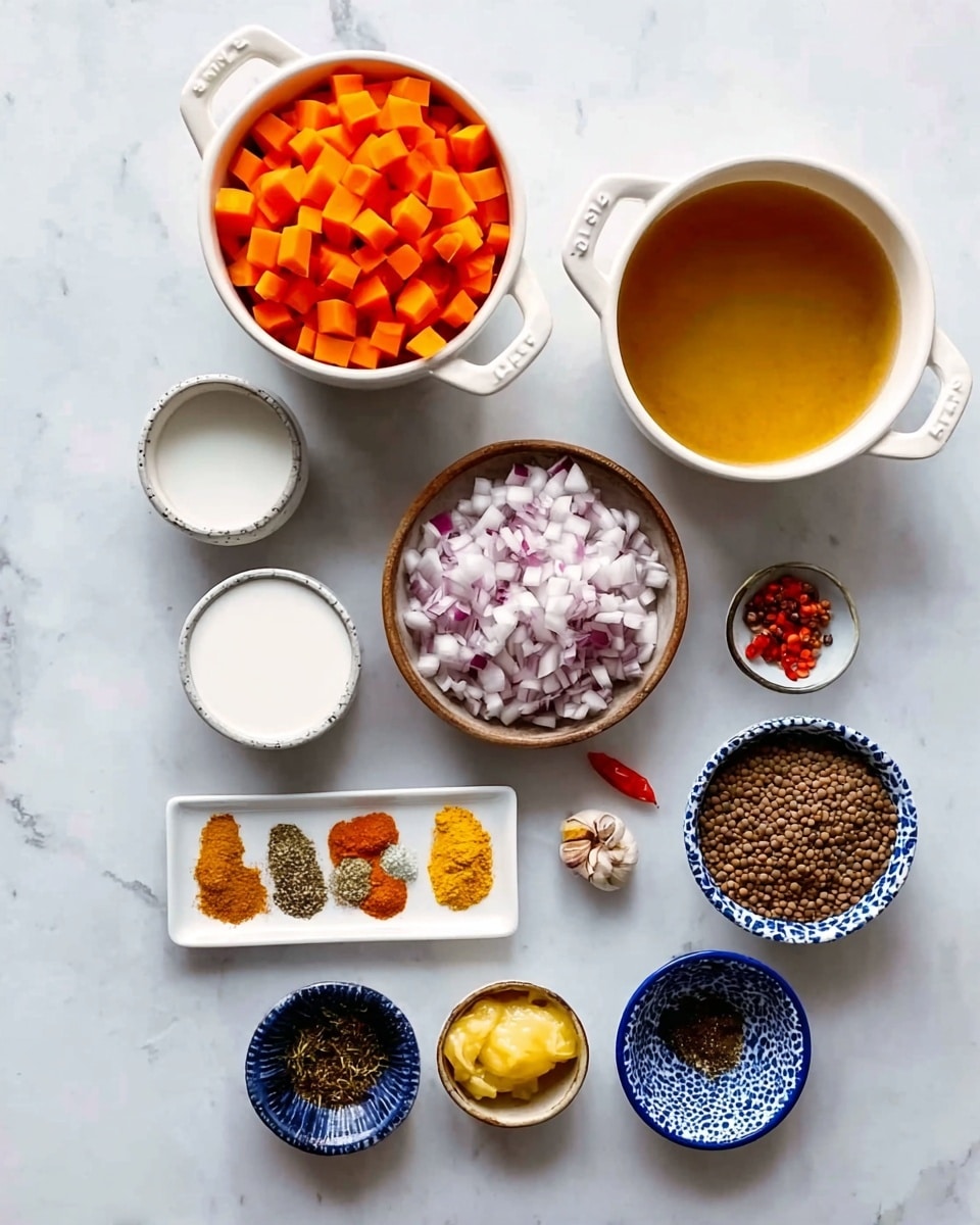 The image shows several white bowls arranged on a white marbled surface, each containing different ingredients for a recipe. There are diced orange carrots in one bowl, diced white and purple onions in a larger bowl with two handles, and whole brown lentils in another bowl. One bowl contains a golden yellow liquid, while another has a white liquid that looks like coconut milk. A plate holds five small piles of spices in different colors: yellow, brown, orange, and light brown. Two small bowls contain crushed garlic and a yellow paste, and two other small blue and white bowls hold dark-colored spices. A single small red chili pepper is placed near the spices. photo taken with an iphone --ar 4:5 --v 7