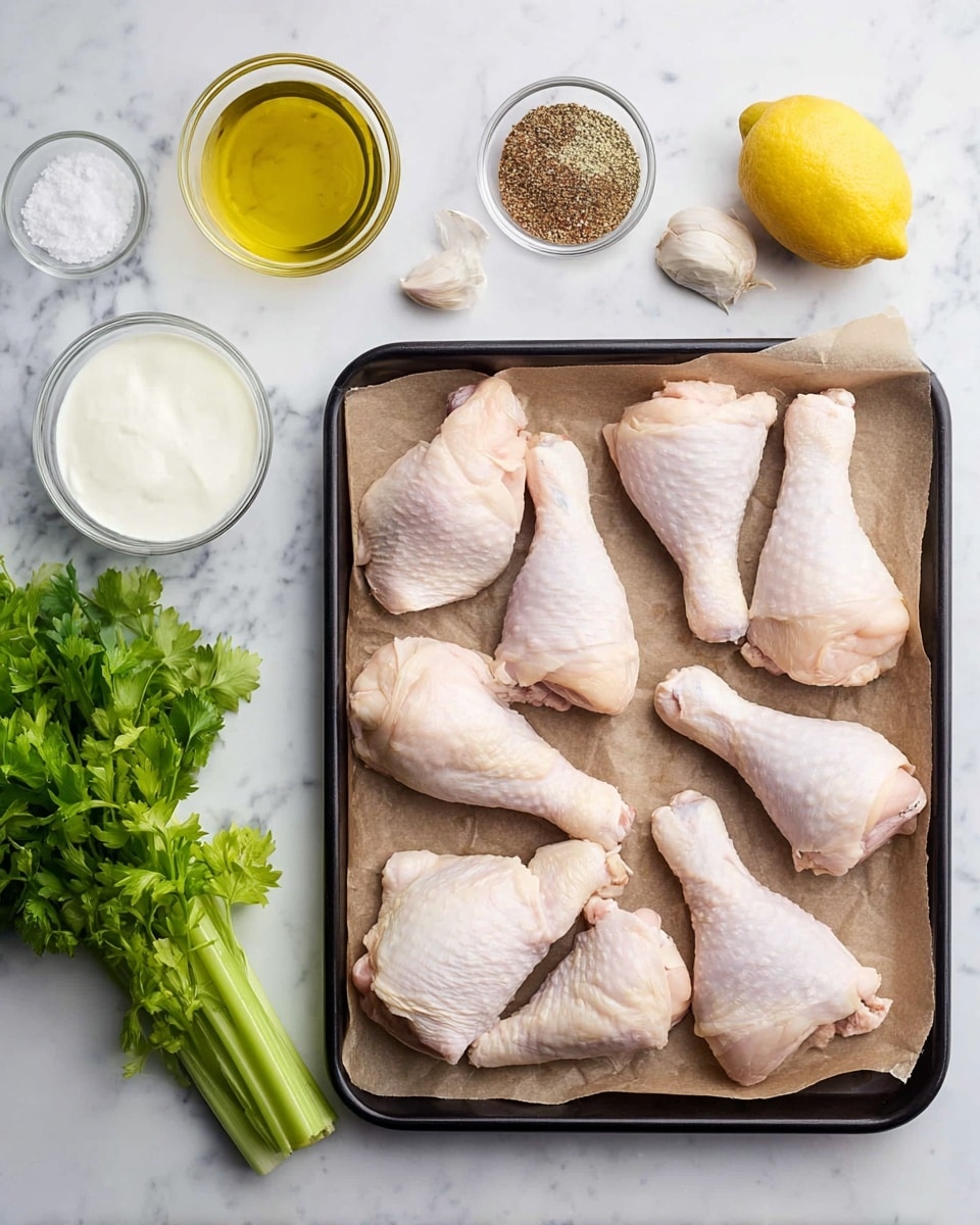 A black baking tray with one layer of brown parchment paper holds two rows of raw chicken drumsticks and one row of raw chicken thighs, all pale pink with white skin. To the left on a white marbled surface, there is a bunch of green celery leaves at bottom left, a small glass bowl of clear oil above them, a small glass bowl of mixed brown spices to the right, and below it a smaller glass bowl with salt and pepper. Above these is a peeled garlic bulb, a whole lemon, and a glass bowl of white yogurt. Photo taken with an iphone --ar 4:5 --v 7