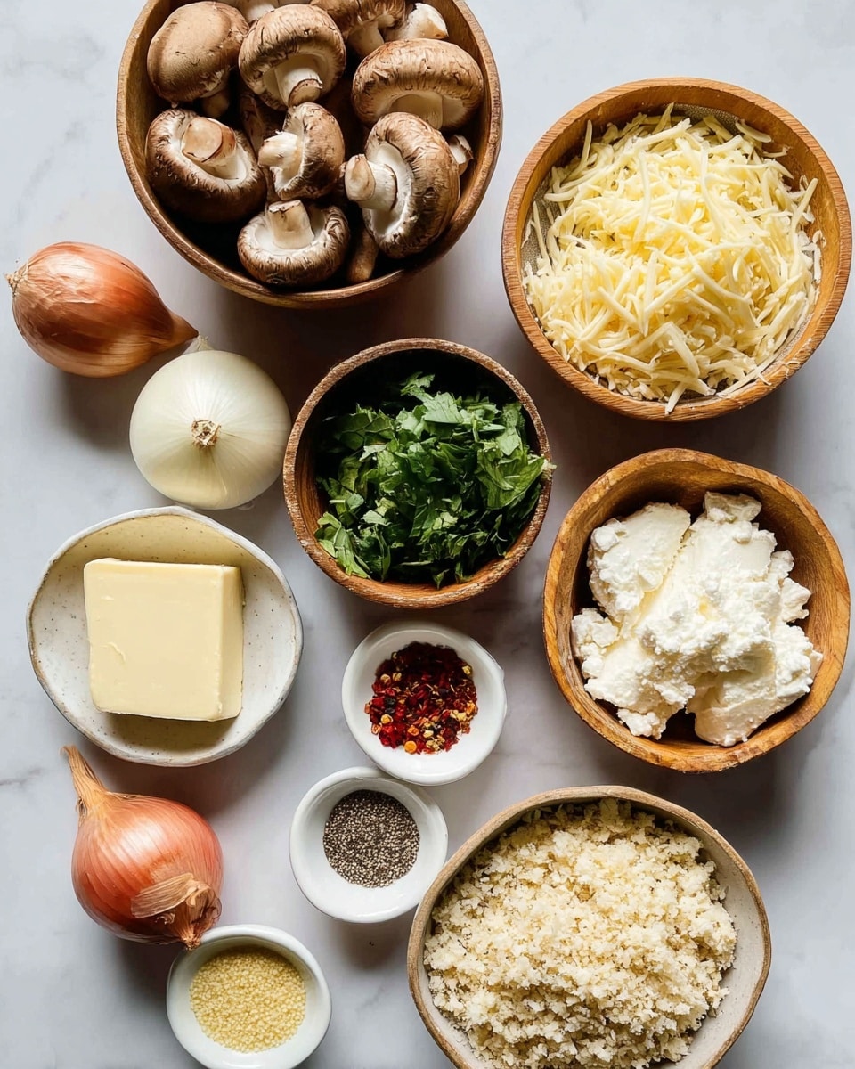 A top view of several small bowls placed on a white marbled surface, each holding different ingredients. At the top left, a wooden bowl filled with whole brown mushrooms. Moving clockwise, a small wooden bowl with shredded pale yellow cheese, and next to it, a wooden bowl containing fresh green herbs. Below that, another wooden bowl filled with white soft cheese. To the left, a small white bowl with a pale yellow block of butter. Near the bottom, a small white bowl divided into three sections holding black pepper, salt, and red chili flakes. To the left, two whole shallots, one red and one white. Above them, a small white bowl of fine yellow breadcrumbs, and next to it, a wooden bowl full of light crumbly wet mixture, possibly cooked grains or shredded chicken. The scene is well lit, simple, and clean. Photo taken with an iphone --ar 4:5 --v 7