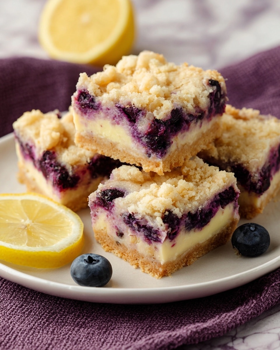 The image shows four square blueberry dessert bars on a white plate. Each bar has three layers: a light golden crumbly top layer with a rough texture, a middle creamy layer mixed with deep purple blueberries clearly visible inside, and a light golden crust at the bottom. The plate rests on a purple textured cloth, with a round slice of lemon at the front left and a couple of whole blueberries placed near the bars. The background has a white marbled texture. photo taken with an iphone --ar 4:5 --v 7