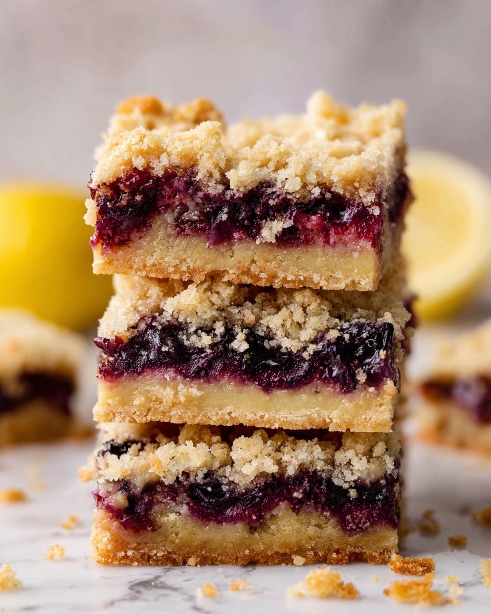 The image shows a stack of three crumbly bars with three distinct layers each. The bottom layer is golden brown and looks soft and buttery. The middle layer is thick and filled with dark purple and reddish berry filling, textured with small pieces of fruit. The top layer is a crumbly, light golden streusel with a coarse texture. The bars are on a white marbled surface with crumbs scattered around and a halved lemon visible blurred in the background. Photo taken with an iphone --ar 4:5 --v 7