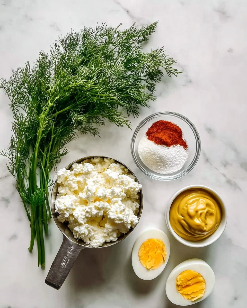 The image shows six ingredients on a white marbled surface. On the left, there is a bunch of fresh green dill with fine, feathery leaves. Next to the dill, there is a metal measuring cup filled with lumpy, white cottage cheese. In the middle, there is a small clear glass bowl holding two piles of powder, one white and one red. On the right side, there is a small white bowl filled with smooth, thick yellow mustard. In front of the bowl are two halves of a hard-boiled egg, showing a bright yellow yolk and firm white outside. photo taken with an iphone --ar 4:5 --v 7