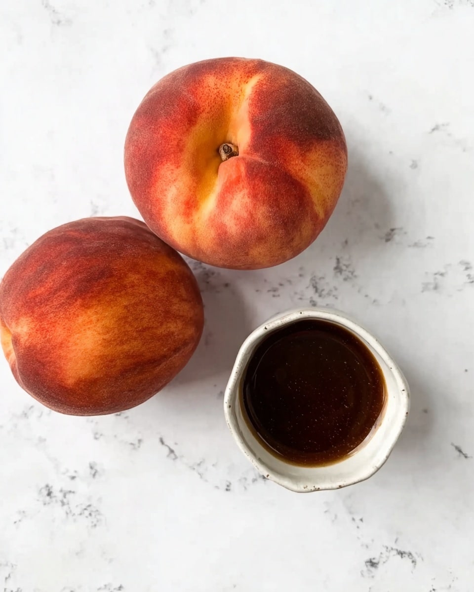 The image shows two whole ripe peaches with red and orange skin texture placed at the top center on a white marbled surface. Below the peaches, there is a small white ceramic bowl filled with a dark brown smooth liquid, possibly syrup or sauce. The peaches have a natural fuzzy texture and subtle color variations, giving a fresh look. The setup is clean and minimal with soft lighting. photo taken with an iphone --ar 4:5 --v 7
