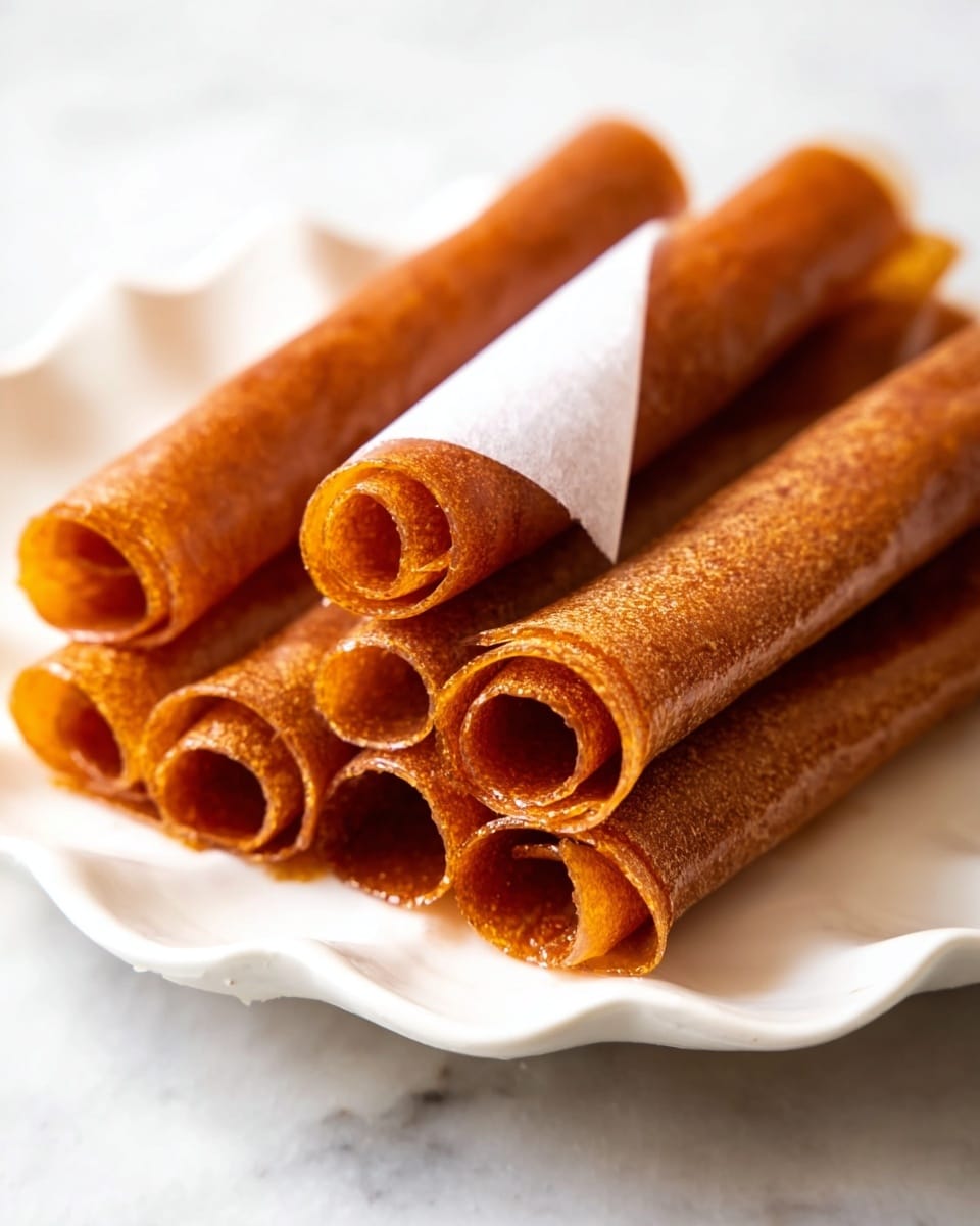 The image shows several rolled fruit leather strips placed closely on a white plate with a wavy edge. Each roll reveals multiple thin, brown layers tightly wound in a circular shape, with a slightly shiny, textured surface that suggests a chewy consistency. The fruit leather pieces have a warm, orange-brown color with some darker spots giving a natural look. One roll is partially unwrapped with a white paper backing visible, adding contrast and detailing to the soft rolls. The plate rests on a white marbled surface. Photo taken with an iphone --ar 4:5 --v 7