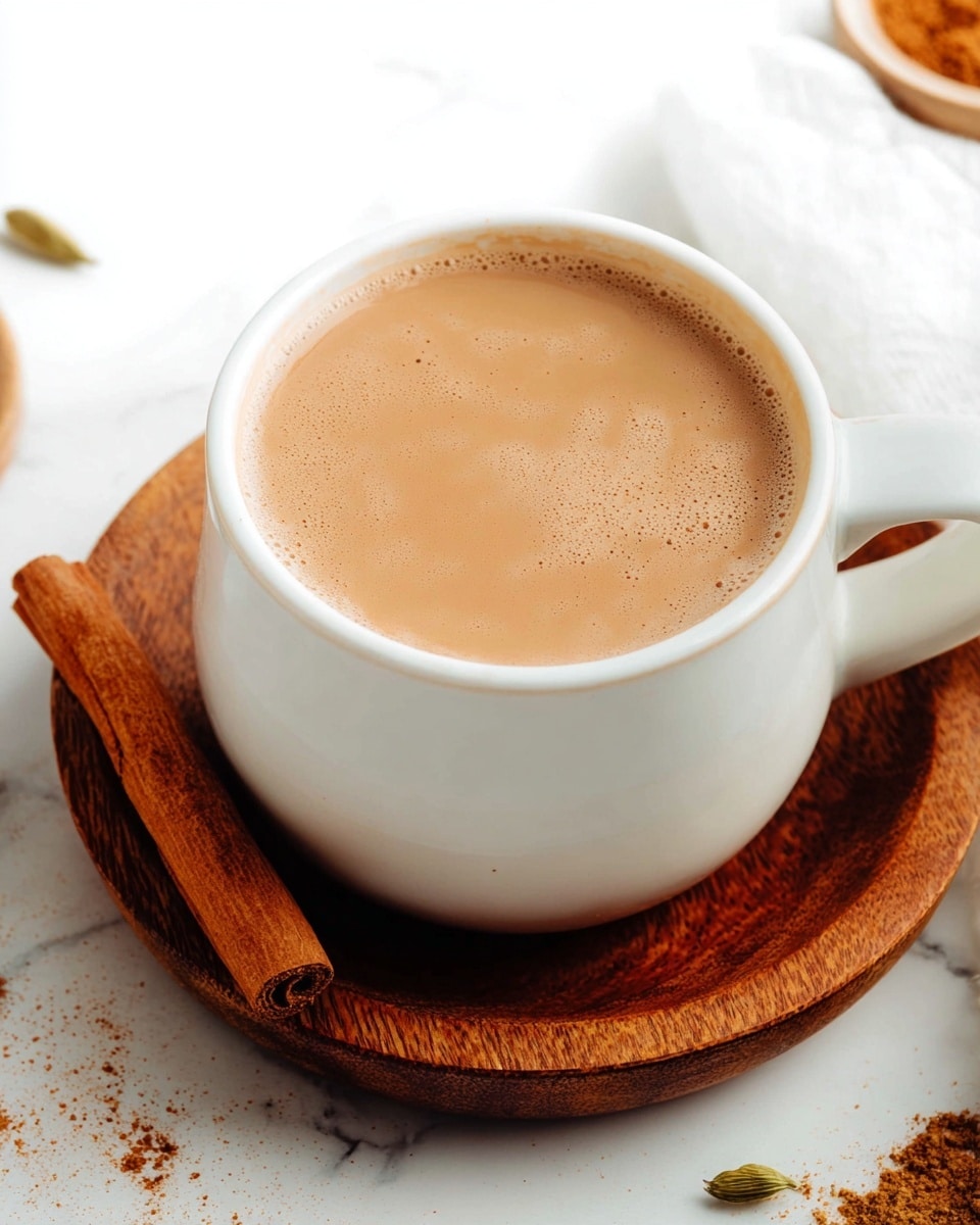 A white cup filled with light brown chai tea, smooth with slight froth on top, sits in the center on a round wooden coaster. To the left of the cup, there is a brown cinnamon stick resting on the coaster. The scene is set on a clean white marbled surface with some spices visible on the corners, adding warmth and texture to the image. Photo taken with an iphone --ar 4:5 --v 7