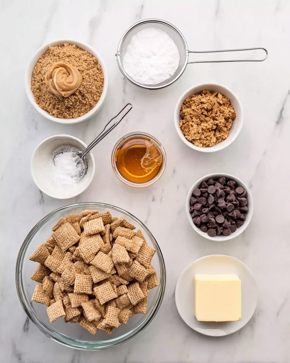 A top-down view of various baking ingredients arranged on a white marbled surface. In the bottom left is a large clear glass bowl filled with square cereal pieces with a textured, light brown color. Above this is a small white bowl containing crushed brown bits, next to it is a small white bowl with a smooth light brown spread that looks like peanut butter. To the right of these is a small white bowl filled with dark chocolate chips. At the bottom right corner is a small white plate holding a solid block of butter. At the top left is a round container with crumbly brown sugar sugar. Near the center top are two small white bowls, one holding a clear amber liquid and the other filled with powdered white sugar with a fine mesh sieve resting inside. A metal spoon is in the sieve. photo taken with an iphone --ar 4:5 --v 7