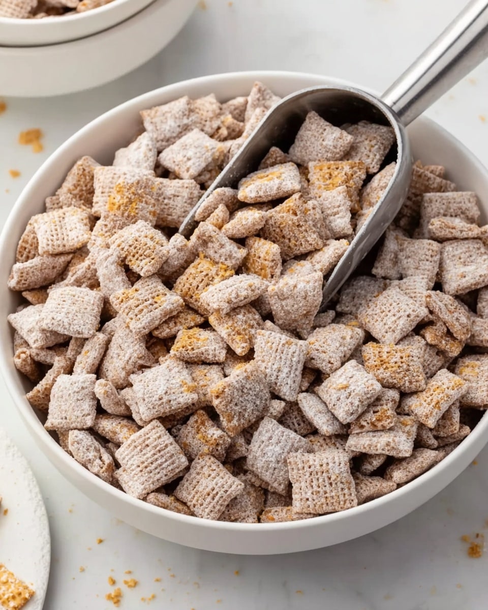 A white bowl filled with many small, square pieces of cereal covered in a light, powdery coating, making them look soft and crunchy. On top of the cereal, there are small bits of a light brown topping scattered around. Inside the bowl, a metal scoop rests among the cereal, partially lifting some pieces. The bowl sits on a white marbled surface, with part of another white bowl visible in the background on the left. photo taken with an iphone --ar 4:5 --v 7