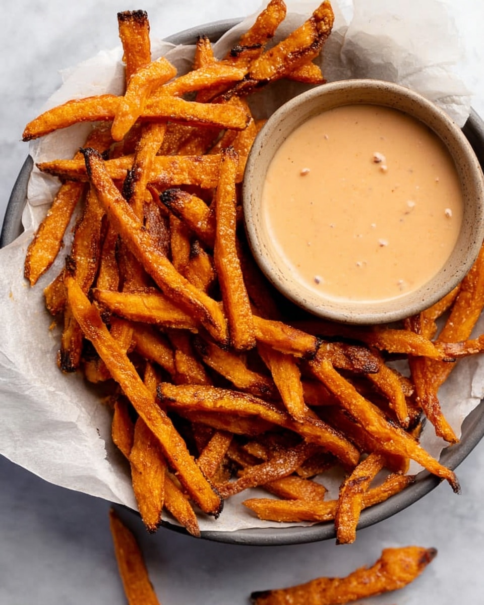 A white bowl filled with crispy sweet potato fries that are golden-orange and slightly charred in some areas, lined with a piece of wrinkled parchment paper. In the center of the bowl is a round beige sauce container filled with a creamy, light orange dipping sauce with small bits visible in it. Around the bowl on the white marbled surface are a few scattered fries. The overall look is warm and inviting, with a mix of rough fry textures and smooth sauce. photo taken with an iphone --ar 4:5 --v 7