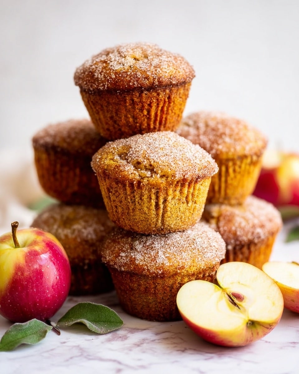 The image shows a close-up of several muffins stacked closely, with one muffin placed upright on top of another. The muffins have a rough, golden-brown texture with a dusting of sugar on top, giving a slightly grainy look. Around the muffins, there are small red apples, one whole with a stem and green leaves, and two halves showing a soft yellow inside with brown seeds. The muffins and apples are placed on white marbled surface, creating a clean and simple background. photo taken with an iphone --ar 4:5 --v 7