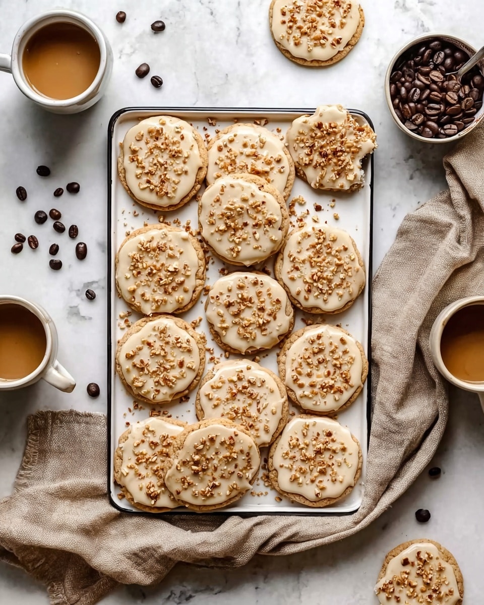 The image shows a white rectangular tray filled with thirteen round cookies topped with a light beige icing and sprinkled with small brown bits that look crunchy. The cookies are arranged in a slightly irregular pattern on the tray, which is placed on a white marbled surface. A beige cloth is casually draped around the tray, adding texture to the scene. Scattered around the tray are roasted coffee beans and two cups of coffee with frothy tops in white cups, one near the top left and the other near the bottom right of the image. On the left side, a woman's hand holds a partially eaten cookie above the tray. The photo taken with an iphone --ar 4:5 --v 7