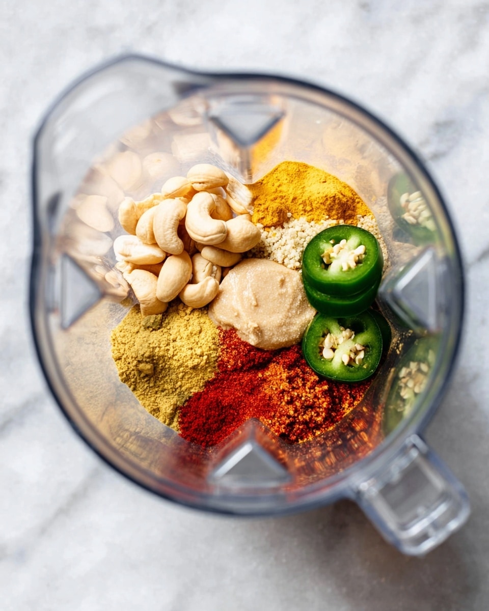 Inside a clear blender container placed on a white marbled surface, several ingredients are arranged in separate small piles. There are whole cashews with a smooth pale beige color, bright yellow powder (likely turmeric), a light yellow powder (possibly nutritional yeast), vibrant red powder (paprika or chili powder), a beige creamy dollop, and slices of fresh green jalapeño with visible seeds. The textures range from smooth and creamy to fine powders and whole nuts, all visible from above. Photo taken with an iphone --ar 4:5 --v 7