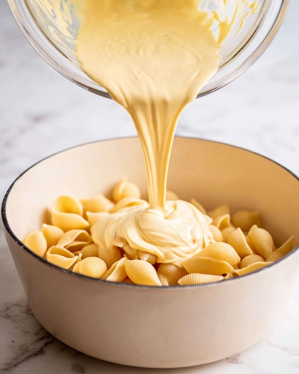 A clear glass bowl is tilted above a white pot filled with uncooked shell pasta, pouring a thick, creamy, pale yellow sauce onto the pasta. The sauce has a smooth texture and creates gentle ripples as it lands. The pot is round with a light beige inside and a subtle black rim around the edge. The background shows a white marbled surface. photo taken with an iphone --ar 4:5 --v 7