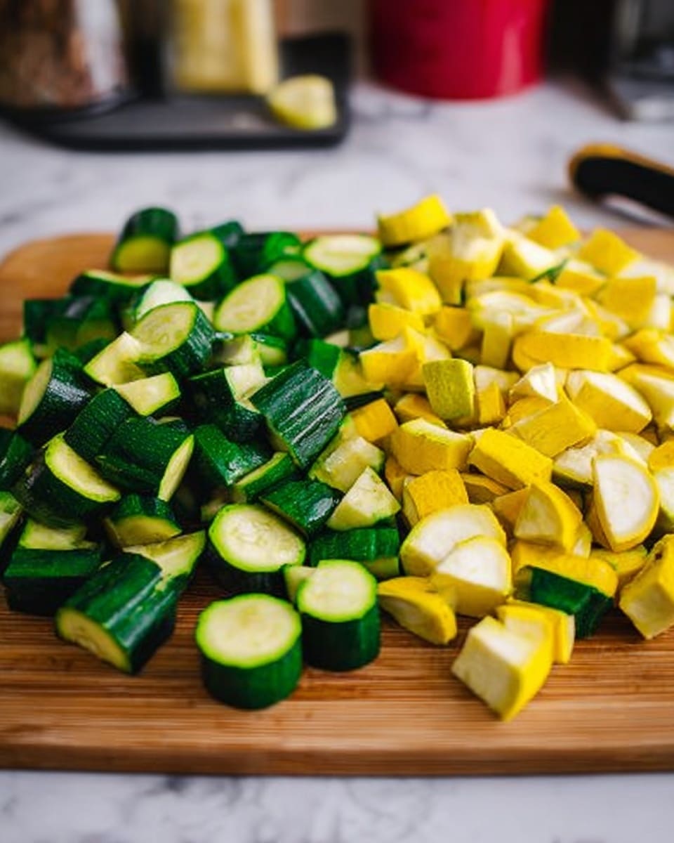 The image shows a wooden cutting board filled with chopped green zucchini and yellow squash pieces, all sliced into small chunks and rounds. The green zucchini is on the left side, bright with dark green skin and light green inside, while the yellow squash is on the right with a yellow outer layer and pale inside. The background is a white marbled surface with some blurred kitchen items in the distance. photo taken with an iphone --ar 4:5 --v 7