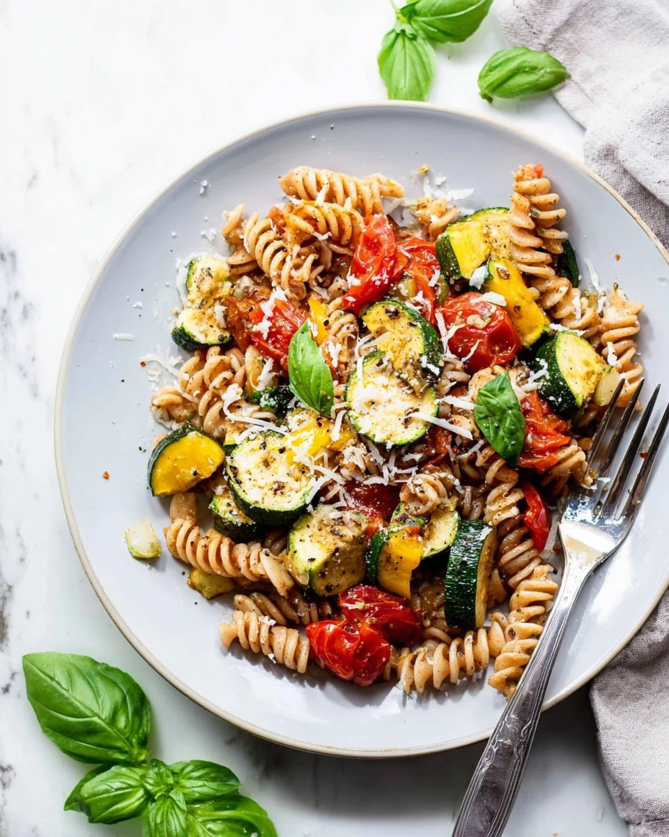 A white plate holds a colorful pasta dish with three layers: light brown spiral pasta forms the base, topped with bright green and yellow zucchini slices and chunks of red tomatoes mixed throughout. Grated white cheese is sprinkled on top, adding texture and contrast, with some small black pepper specks visible. A fresh green basil leaf sits on the right side near a silver fork resting on the plate. The plate is set on a white marbled surface with some green basil leaves around it. Photo taken with an iphone --ar 4:5 --v 7