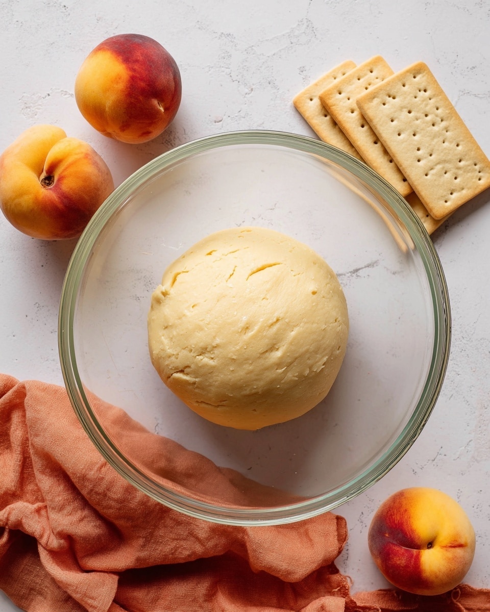 A large round ball of smooth, pale yellow dough sits in the center of a clear glass bowl. Around the bowl are three peaches with a mix of bright orange, yellow, and red colors and a soft fuzzy texture. Near the top right edge of the bowl, four light tan rectangular biscuits with small round holes are stacked casually. Below the bowl, a crumpled orange cloth adds a warm, soft contrast on the white marbled surface photo taken with an iphone --ar 4:5 --v 7
