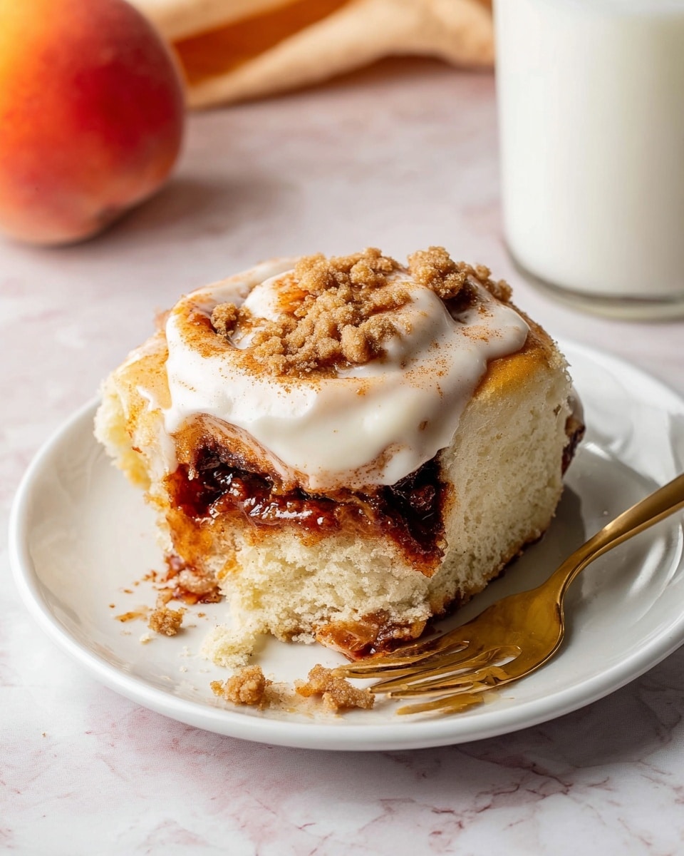A white plate holds a soft, round cinnamon roll with three visible layers: the bottom layer is a light, fluffy bread with a bite taken out, the middle layer is a dark, sticky cinnamon filling, and the top layer is thick, creamy white icing. On top of the icing is a dollop of cinnamon-colored sauce sprinkled with small, crumbly pieces. Some crumbs are scattered on the plate around the roll. A gold fork rests on the edge of the plate, and in the background, there is a peach and a clear glass of milk on a white marbled surface. Photo taken with an iphone --ar 4:5 --v 7