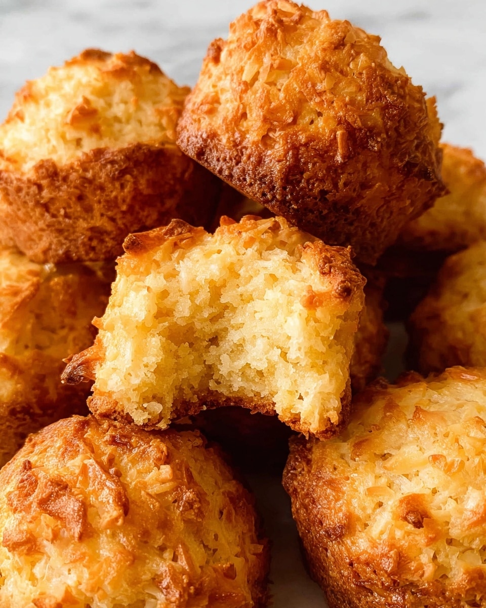 A close-up view of several golden-brown coconut macaroons piled together on a white marbled surface. The macaroons have a rough, textured exterior with a crispy top layer and a soft, moist inside visible in the macaroon with a bite taken out. The color varies from light golden at the top to a deeper golden brown around the edges, showing the baked quality. The overall shape is round with uneven, craggy edges showing the shredded coconut. photo taken with an iphone --ar 4:5 --v 7