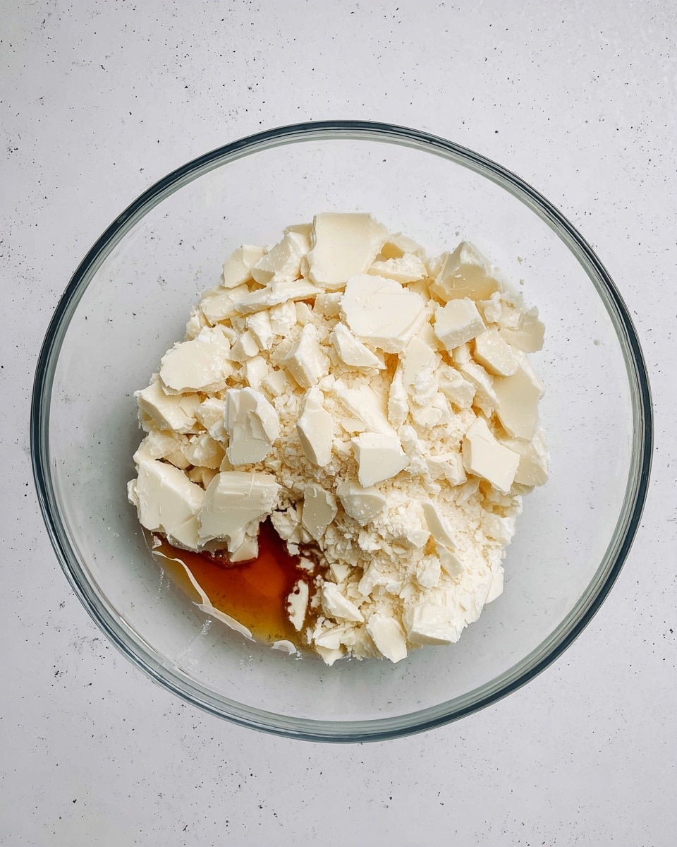 A clear glass bowl sits on a white marbled surface filled with broken white chocolate pieces scattered unevenly, showing different small and medium-sized chunks with rough, irregular shapes. In the lower right corner inside the bowl, a small pool of golden brown vanilla extract is visible, with a smooth, shiny texture contrasting with the matte chocolate pieces. The bowl’s clear glass allows the white chocolate and vanilla to stand out against the subtle speckled white background. photo taken with an iphone --ar 4:5 --v 7