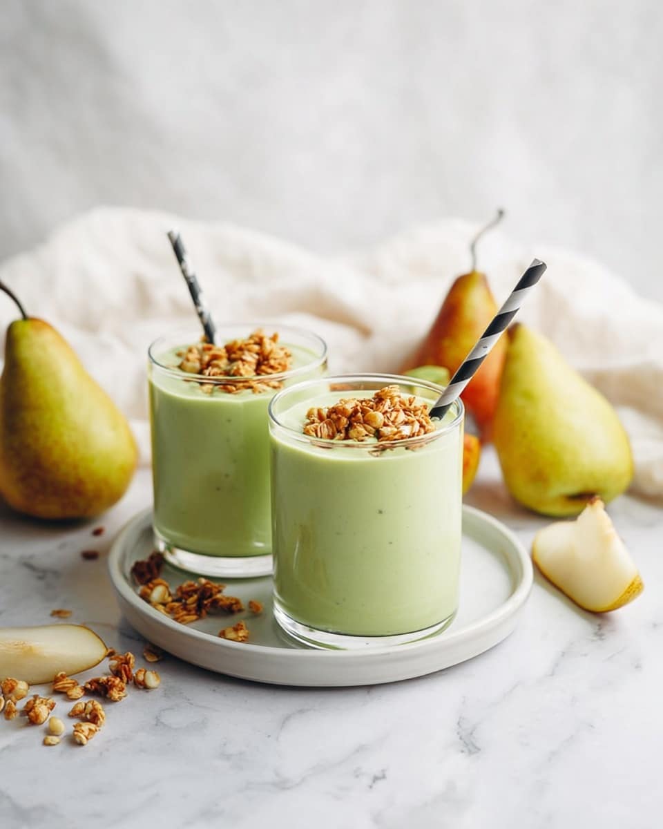 Two clear glasses filled with a smooth, light green smoothie sit on a white plate on a white marbled surface. Each glass is topped with golden brown granola pieces that add texture and crunch. A black and white striped paper straw is placed in each glass, angled slightly. Around the plate, there are fresh pears in light yellow and green colors, some whole and some sliced, adding a natural touch to the scene. The background is softly blurred with white fabric adding a cozy feel. Photo taken with an iphone --ar 4:5 --v 7