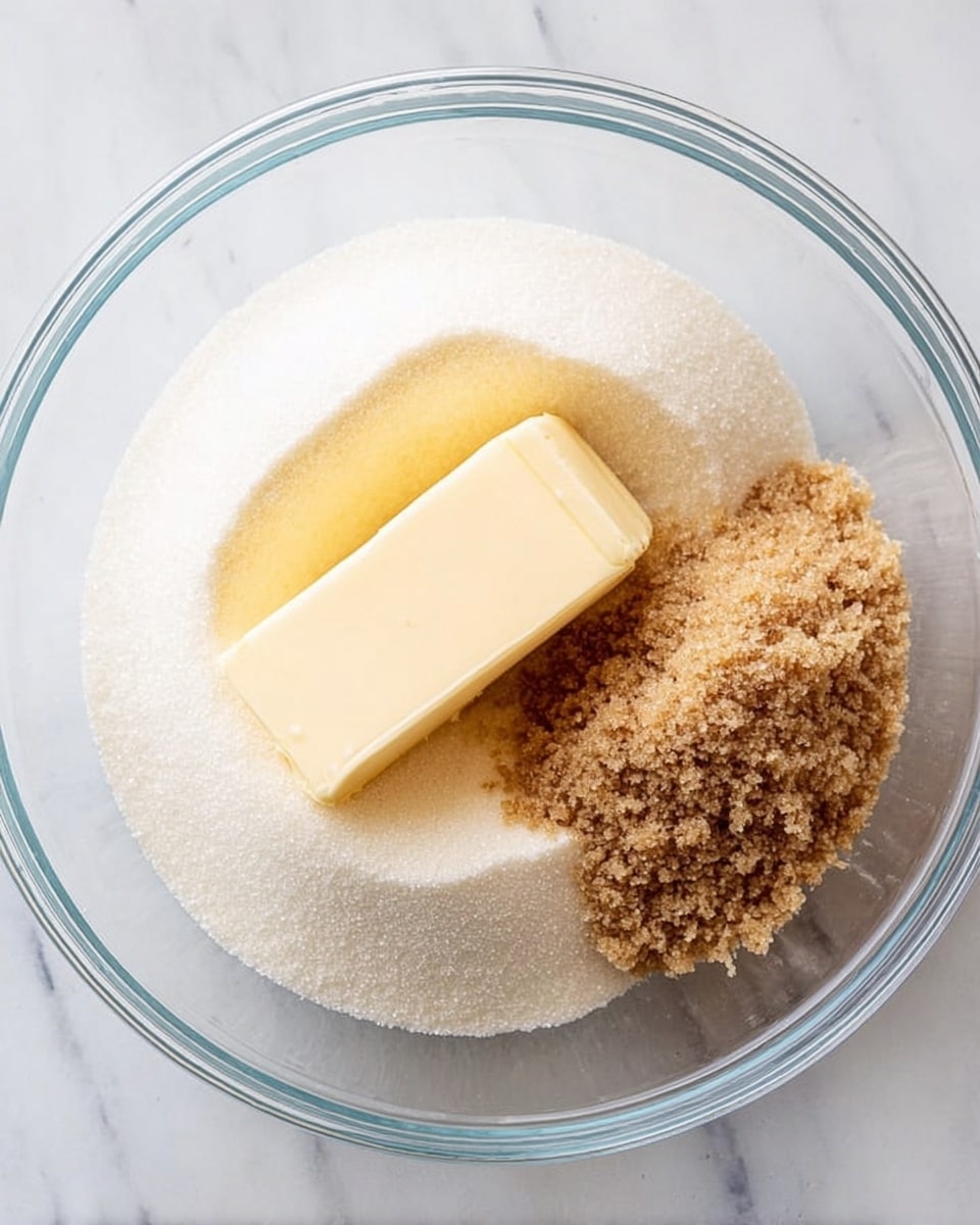 A clear glass bowl sits on a white marbled surface, holding three main ingredients in separate piles: a large mound of white granulated sugar forms the base, topped on one side by a thick, pale yellow block of butter with a soft, creamy texture, and on the other side a heap of light brown sugar with a crumbly, grainy texture. The bowl is viewed from above, showing a clean and simple arrangement of these baking ingredients. photo taken with an iphone --ar 4:5 --v 7