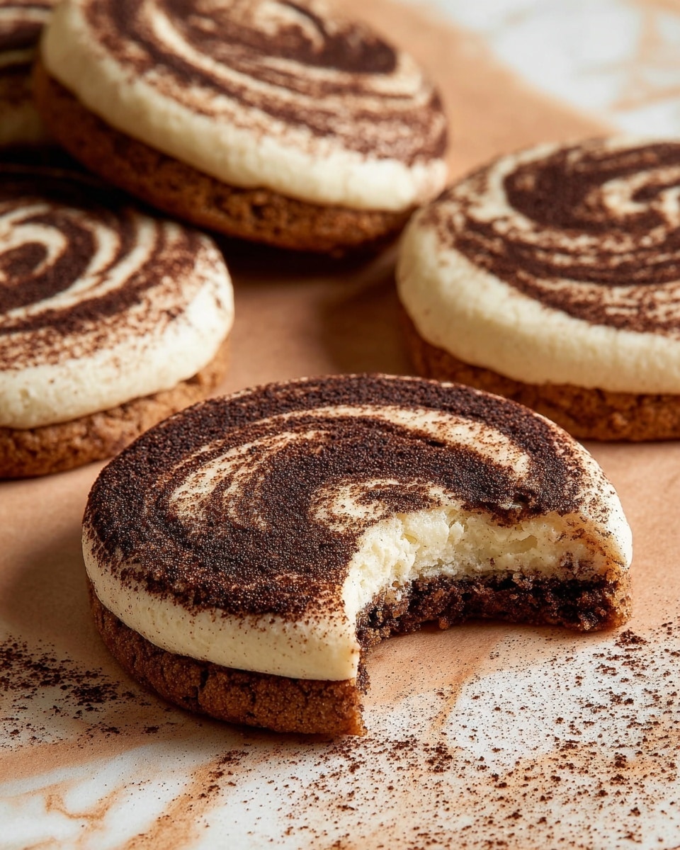 The image shows round cookies with two visible layers on each: a thick brown bottom layer with a rough texture and a lighter creamy top layer swirled in a spiral pattern, dusted with dark cocoa powder. One cookie in the front has a bite taken out, revealing the contrast between the crumbly brown base and the soft cream layer. The cookies are placed on a light brown surface with parts of a white marbled textured surface visible on the side, creating a warm and inviting look. Photo taken with an iphone --ar 4:5 --v 7