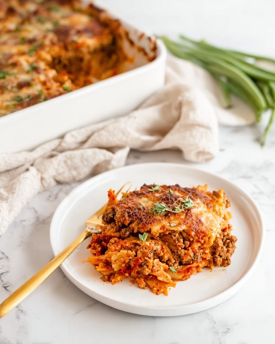 A white plate with a serving of baked pasta that has layers of reddish-orange sauce mixed with ground meat and melted cheese, topped with small pieces of herbs. The pasta is mixed with visible bits of tomato and onion, creating a textured and slightly chunky look. The plate holds a gold fork on the side, resting on a white marbled surface. In the background, there is a white baking dish filled with the baked pasta, showing a browned, crispy top layer with herbs scattered on it. A light beige cloth and some green beans are partly visible next to the baking dish. Photo taken with an iphone --ar 4:5 --v 7