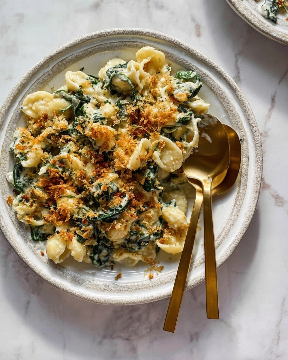 A portion of creamy pasta with green spinach leaves mixed in, topped with golden brown crispy bits, served on a white plate with a textured rim. The pasta is soft and pale yellow, covered with melted cheese that binds the dish together. Two shiny golden spoons rest on the plate beside the serving. The plate sits on a surface with a white marbled texture. photo taken with an iphone --ar 4:5 --v 7