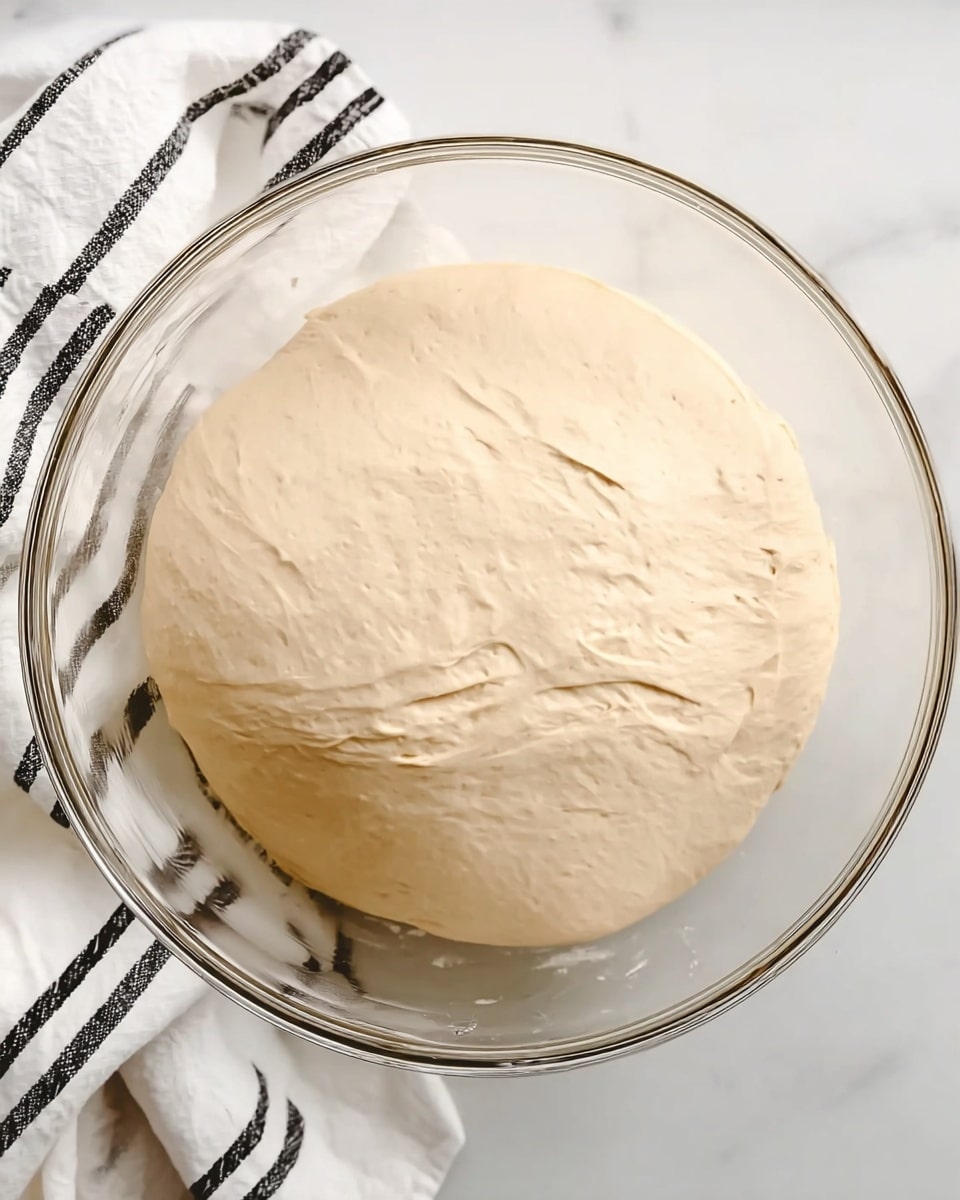 A large clear glass bowl filled with soft, smooth pale beige dough that looks slightly stretched and risen. The bowl is placed on a white marbled surface, and a white towel with black stripes is partially visible on the left side. The dough occupies most of the bowl and has a soft texture with slight indentations on top. photo taken with an iphone --ar 4:5 --v 7