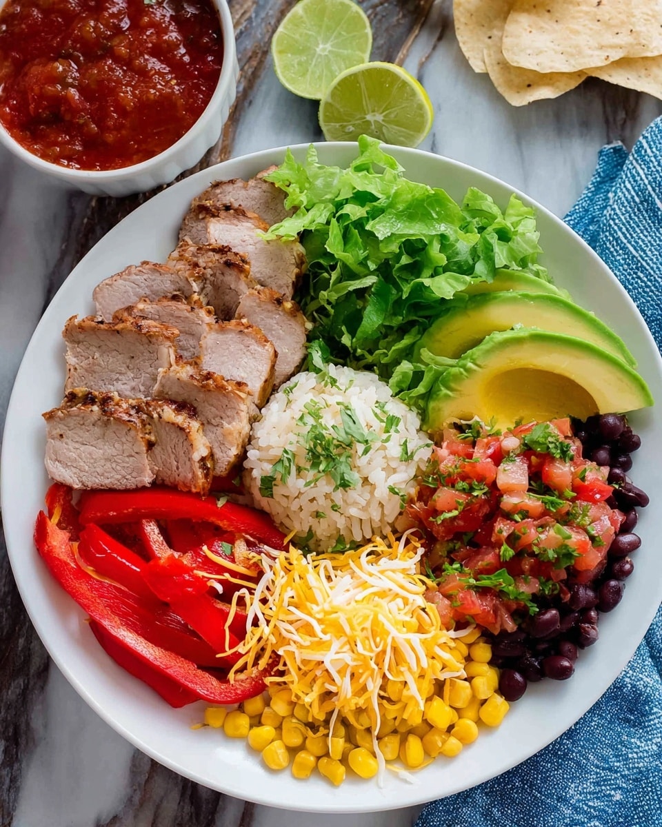 A white round plate holds a colorful layered dish arranged in sections. Starting from the top left and moving clockwise, there are thick slices of cooked meat with a light brown outside and pinkish inside. Next to the meat, there is a bunch of fresh green lettuce leaves with jagged edges. Below the lettuce, bright red and slightly curved sliced bell peppers are placed. To the right of the peppers, more slices of the cooked meat are arranged. At the bottom right, a pile of bright yellow corn kernels is topped with thin strands of light orange shredded cheese. In the center of the plate, a mound of white rice mixed with small green herbs is sprinkled with the cheese strands. Below the rice, there are black beans with a glossy look, next to three slices of light green avocado with a smooth texture. Above the avocado, chopped tomatoes and onions form a fresh salsa layer mixed with cheese strands. In the background, there is a white bowl filled with chunky red salsa, lime wedges, and white tortilla chips laying on a white marbled surface with a blue striped cloth nearby, photo taken with an iphone --ar 4:5 --v 7