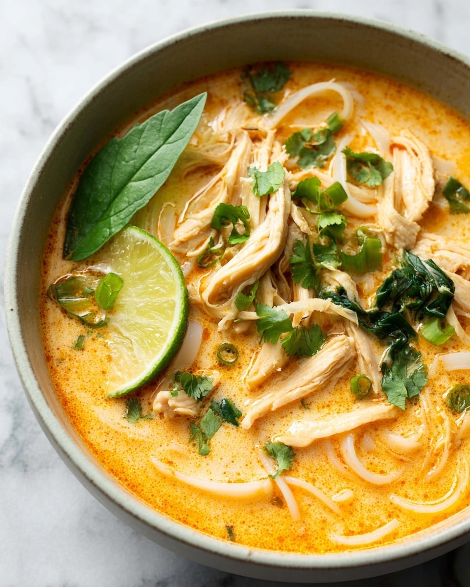 A close-up of a bowl of creamy, orange soup with thin white noodles mixed in. There are several light yellow strips of shredded chicken placed mainly on the left and center parts, with bright green chopped scallions and fresh cilantro leaves scattered on top. A fresh green spinach leaf sits near the middle, and a wedge of lime with light green and white layers rests on the left edge of the bowl. The bowl is light grey and round, set on a white marbled surface. The soup has small oil spots on the surface, adding texture and color variation. photo taken with an iphone --ar 4:5 --v 7