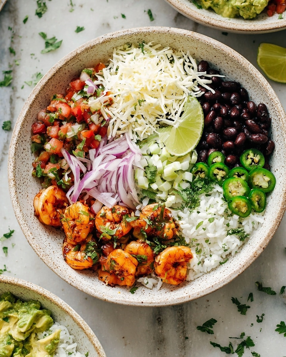 The image shows a white speckled bowl with six parts of food arranged in sections. Starting from the top and moving clockwise, there is a red and green fresh salsa with small diced tomatoes and herbs. Next to it is a white shredded cheese layer, topped with chopped green herbs and a lime wedge on the side. Below the lime wedge, there are thinly sliced red onions with herbs scattered on top. Following that is a section of black beans, dark purple and shiny. Continuing, there is crumbled white cheese next to some green grilled jalapeño slices. In the center, cooked shrimp, orange and slightly glazed, are sprinkled with green herbs and cheese bits. Next to the shrimp is a section of diced green avocado, and finally, the base layer of cooked white rice with green herbs, spread beneath all the toppings. The bowl sits on a white marbled surface with some green herbs sprinkled around. Photo taken with an iphone --ar 4:5 --v 7