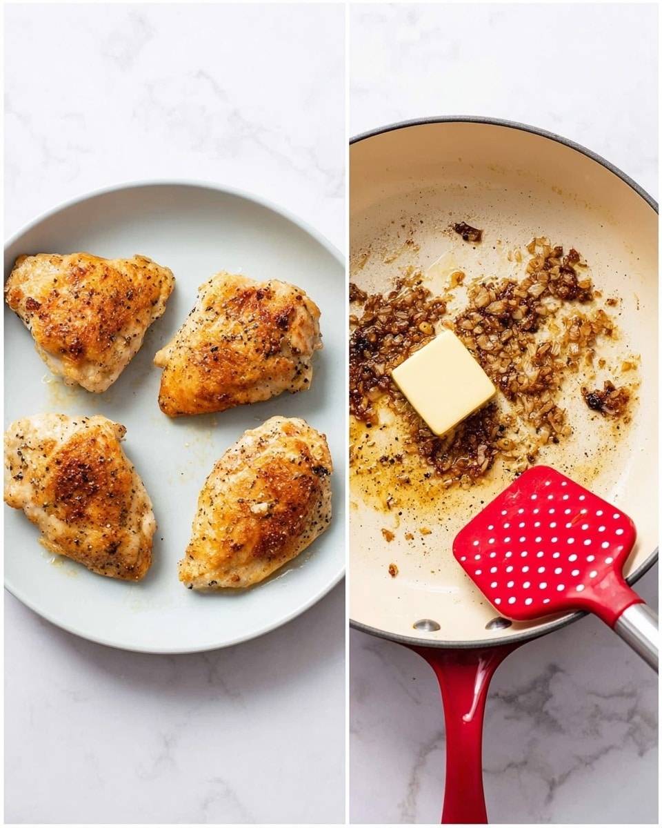The image shows two side-by-side photos. The left photo has a white plate on a white marbled surface, holding four golden brown cooked chicken pieces, each with a slightly different shape, with a crispy texture and some black pepper seasoning visible on top. The right photo shows a cream-colored pan with caramelized brown bits stuck to the bottom, a small square of butter melting in the center, and a red silicone spatula with white polka dots resting on the right edge of the pan. Photo taken with an iphone --ar 4:5 --v 7