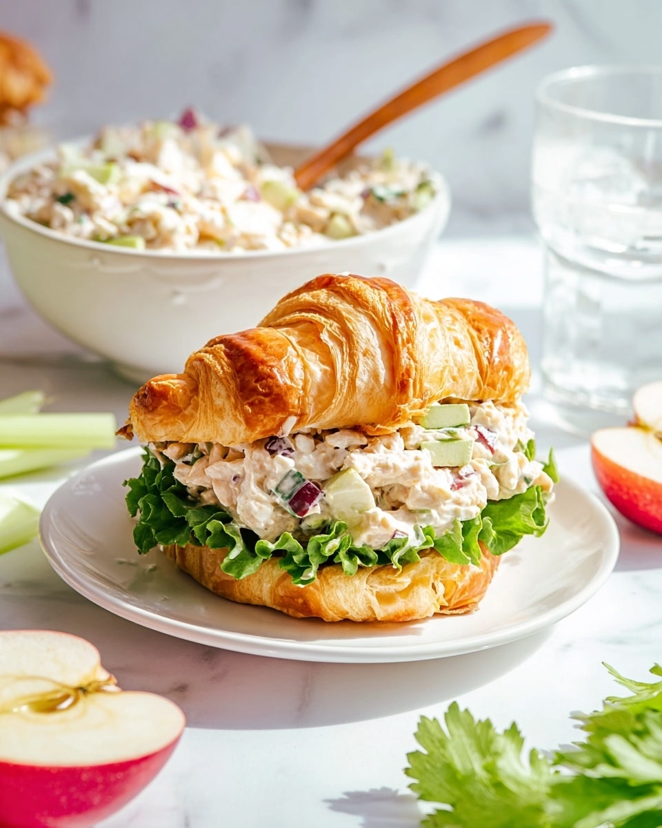 A flaky, golden brown croissant sandwich filled with a creamy chicken salad layer that has visible chunks of white chicken, green celery, and red apple pieces, sitting on a single layer of bright green leafy lettuce. The sandwich is placed on a small white plate on a white marbled surface. In the background, there is a white bowl with more chicken salad and a wooden spoon inside. Surrounding the plate are cut halves of a red apple and some green celery leaves, with a glass of water visible in the upper right corner. Photo taken with an iphone --ar 4:5 --v 7